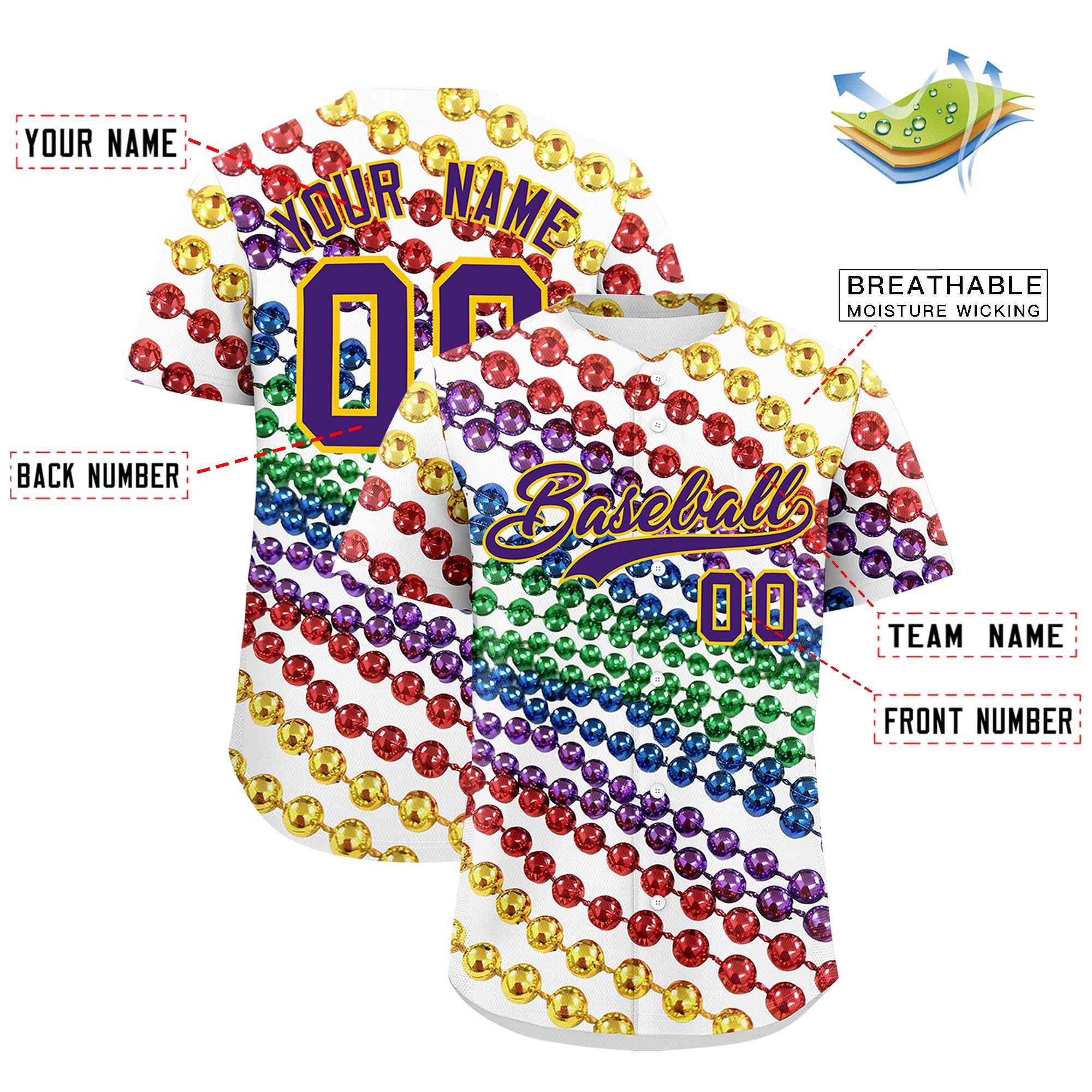 Custom White Purple Gold Personalization Graffiti Mardi Gras Authentic Baseball Jersey| KXKSHOP