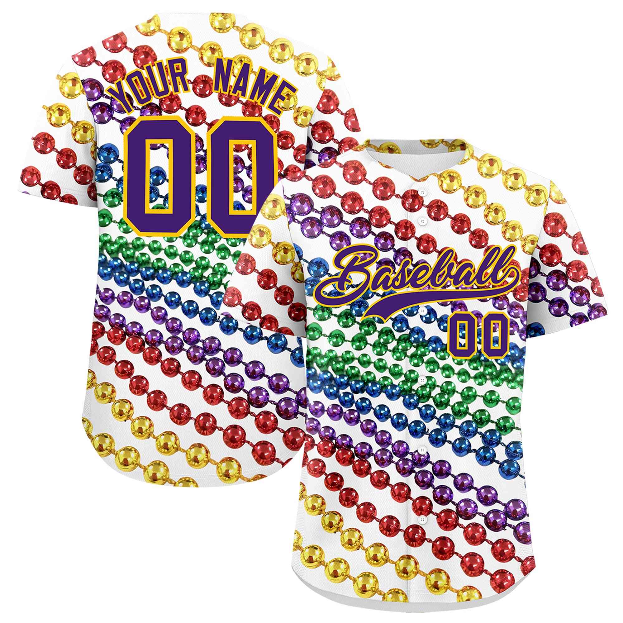 Custom White Purple Gold Personalization Graffiti Mardi Gras Authentic Baseball Jersey| KXKSHOP