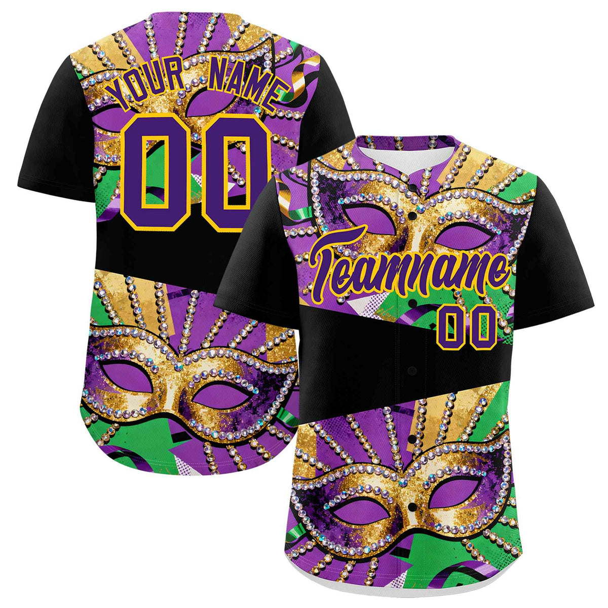 Custom Black Gold Purple Personalization Mardi Gras Authentic Baseball Jersey| KXKSHOP
