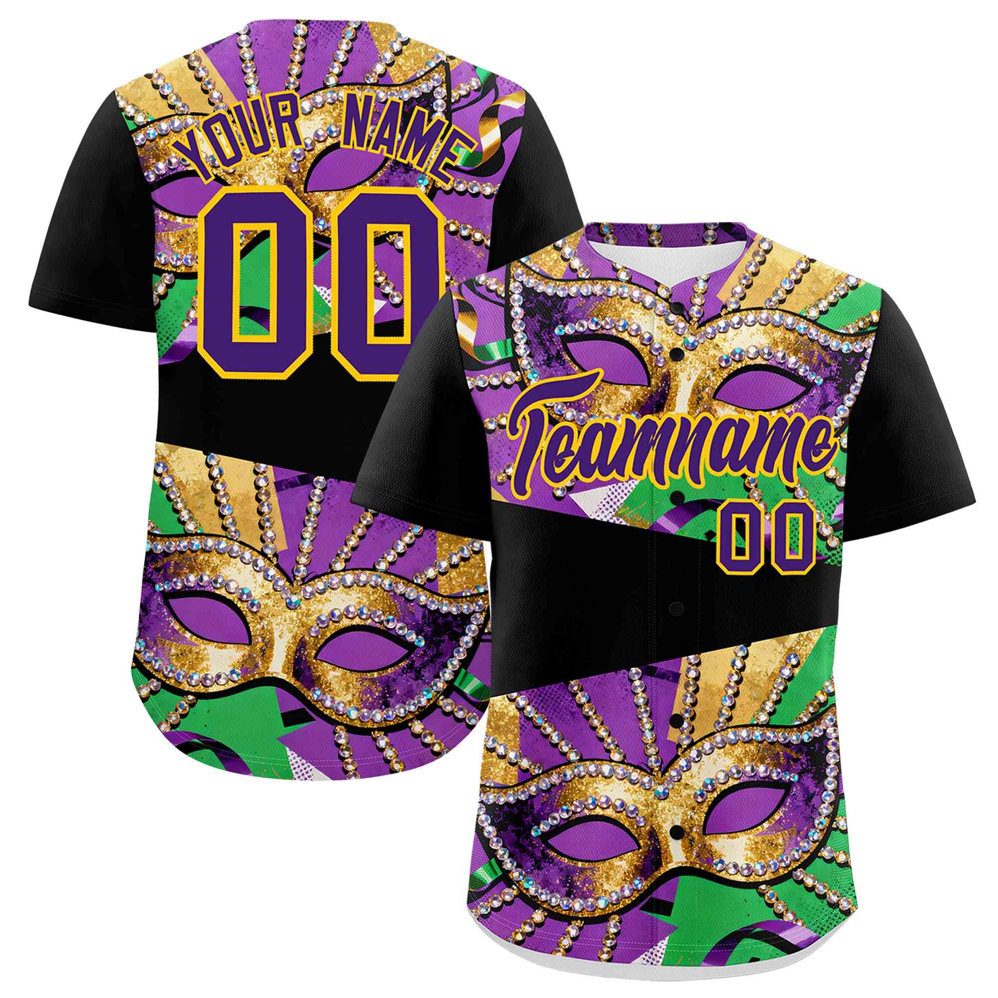 Custom Black Gold Purple Personalization Mardi Gras Authentic Baseball Jersey| KXKSHOP