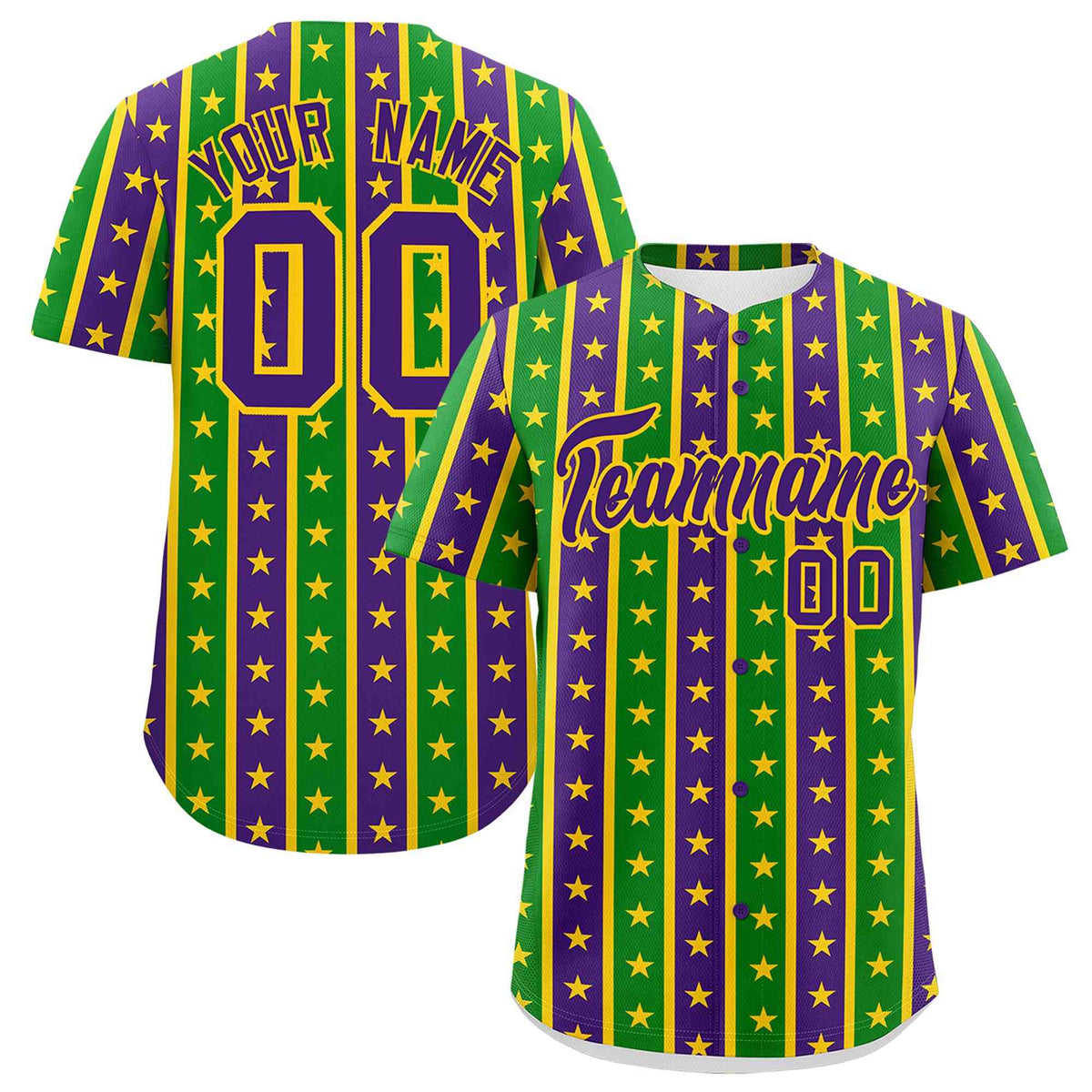Custom Purple Kelly Green Gold Stripe Personalization Mardi Gras Authentic Baseball Jersey| KXKSHOP