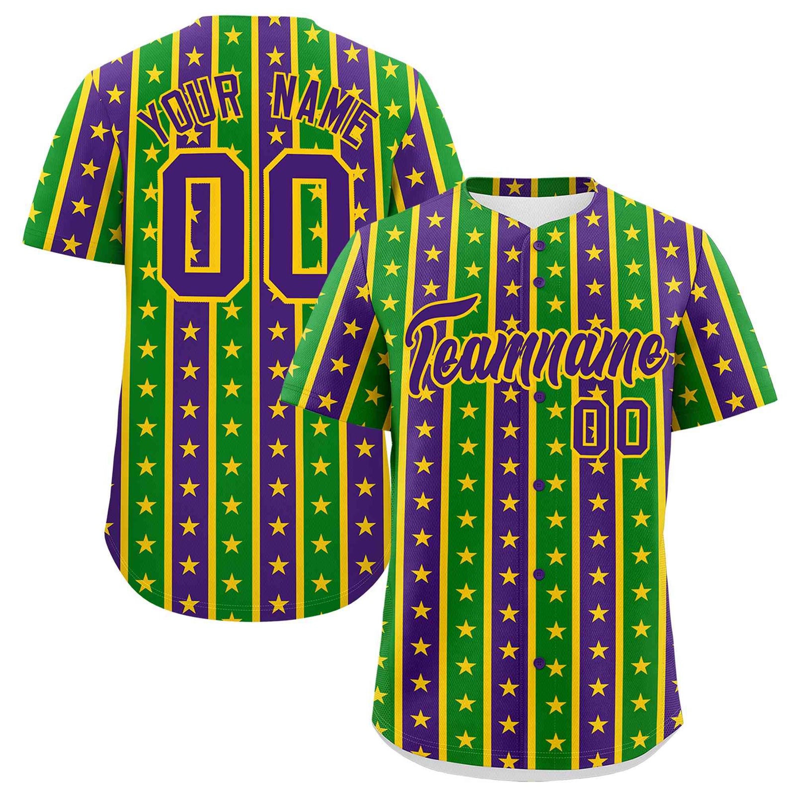 Custom Purple Kelly Green Gold Stripe Personalization Mardi Gras Authentic Baseball Jersey| KXKSHOP