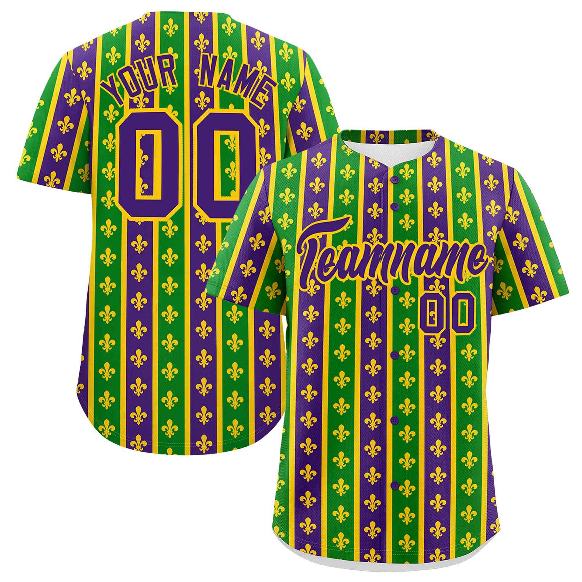 Custom Purple Kelly Green Gold Personalization Stripe Mardi Gras Authentic Baseball Jersey| KXKSHOP