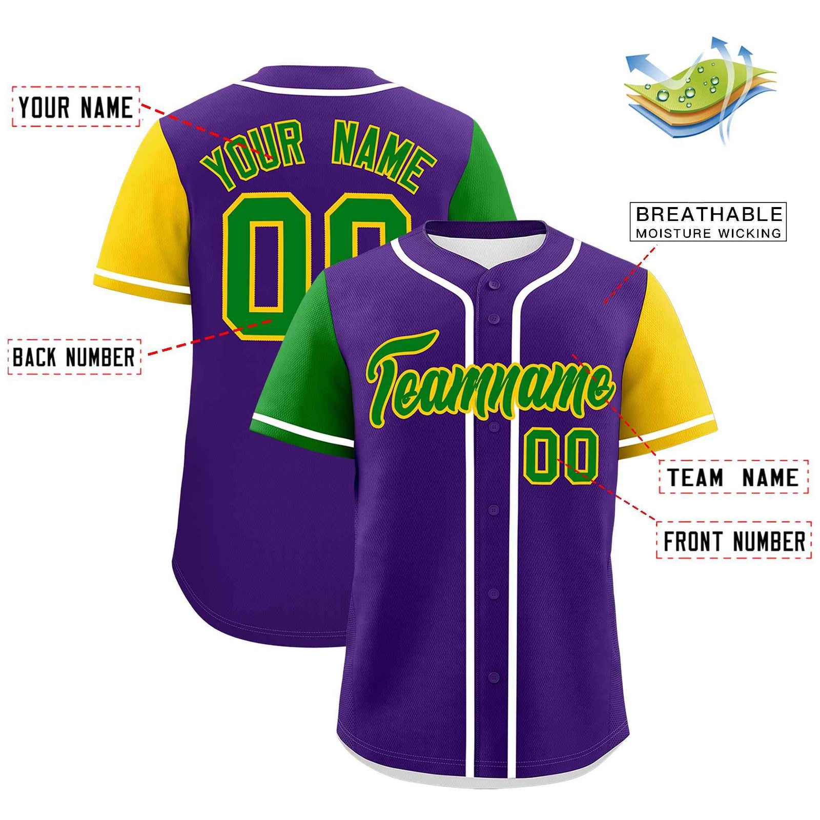 Custom Purple Kelly Green Gold Personalization Mardi Gras Authentic Baseball Jersey| KXKSHOP