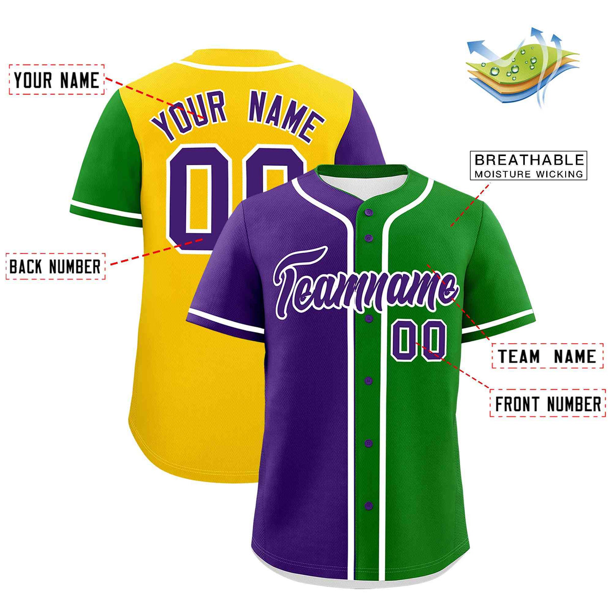 Custom Purple Kelly Green Gold Personalization Split Mardi Gras Authentic Baseball Jersey| KXKSHOP