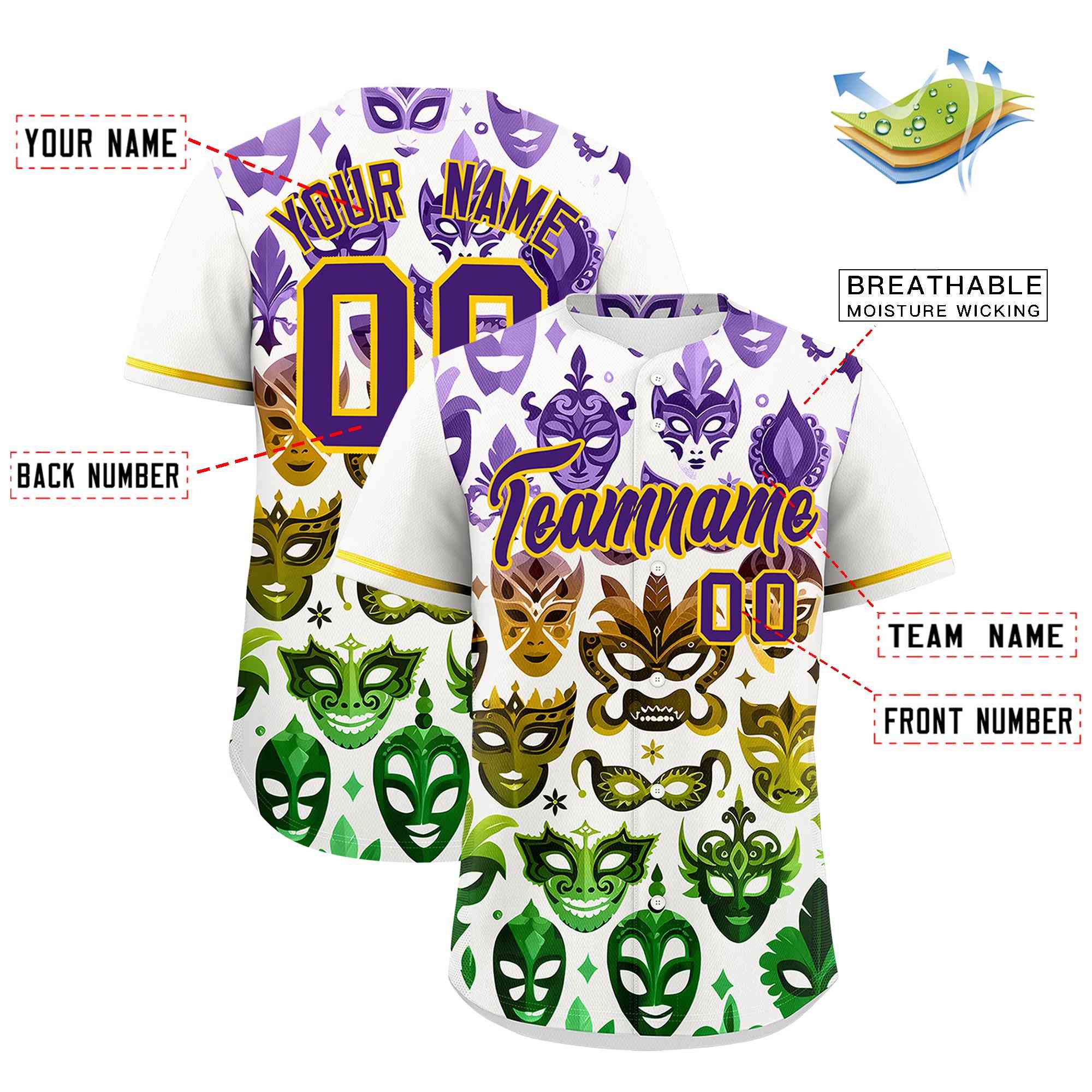 Custom White Purple Gold Personalization Mardi Gras Authentic Baseball Jersey| KXKSHOP