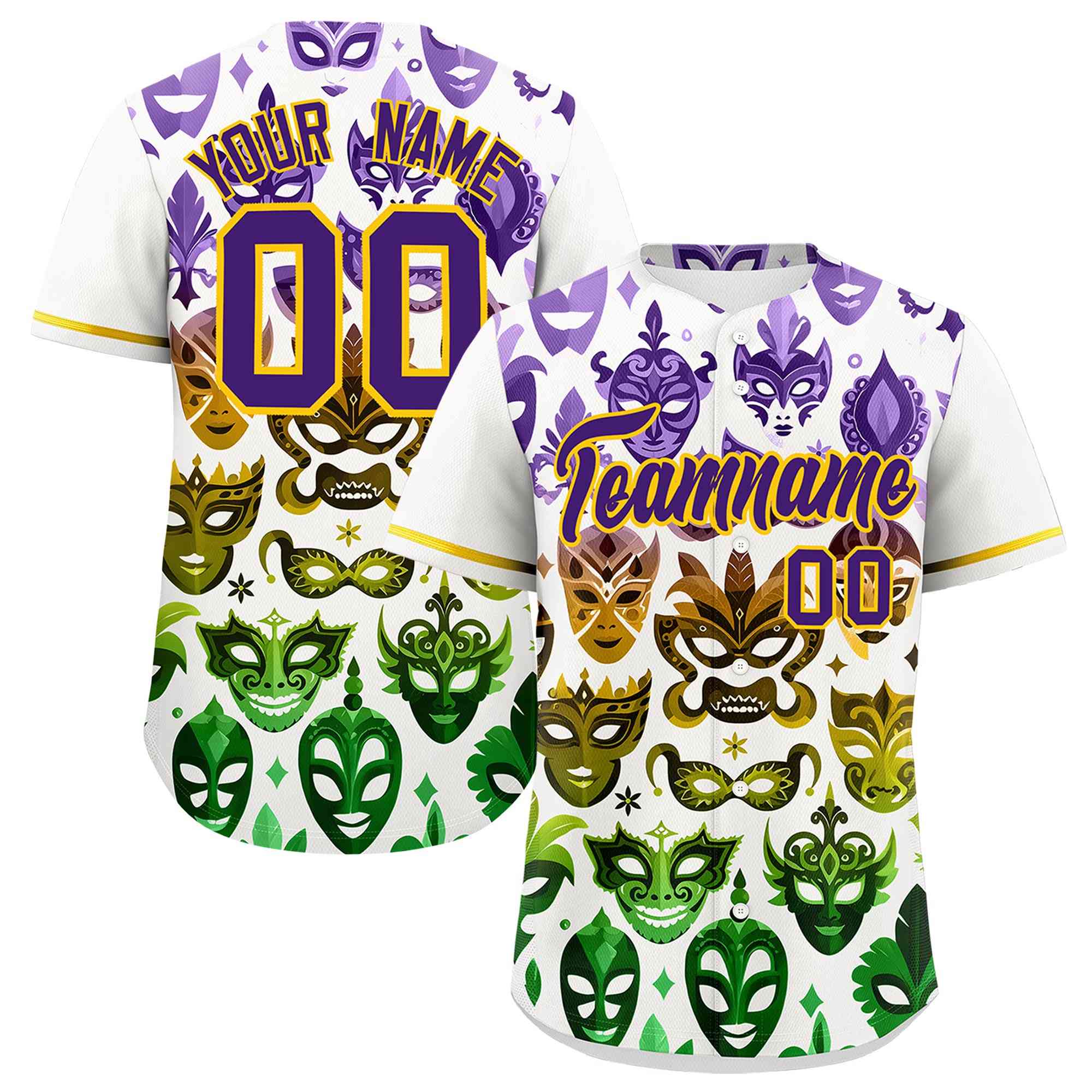 Custom White Purple Gold Personalization Mardi Gras Authentic Baseball Jersey| KXKSHOP