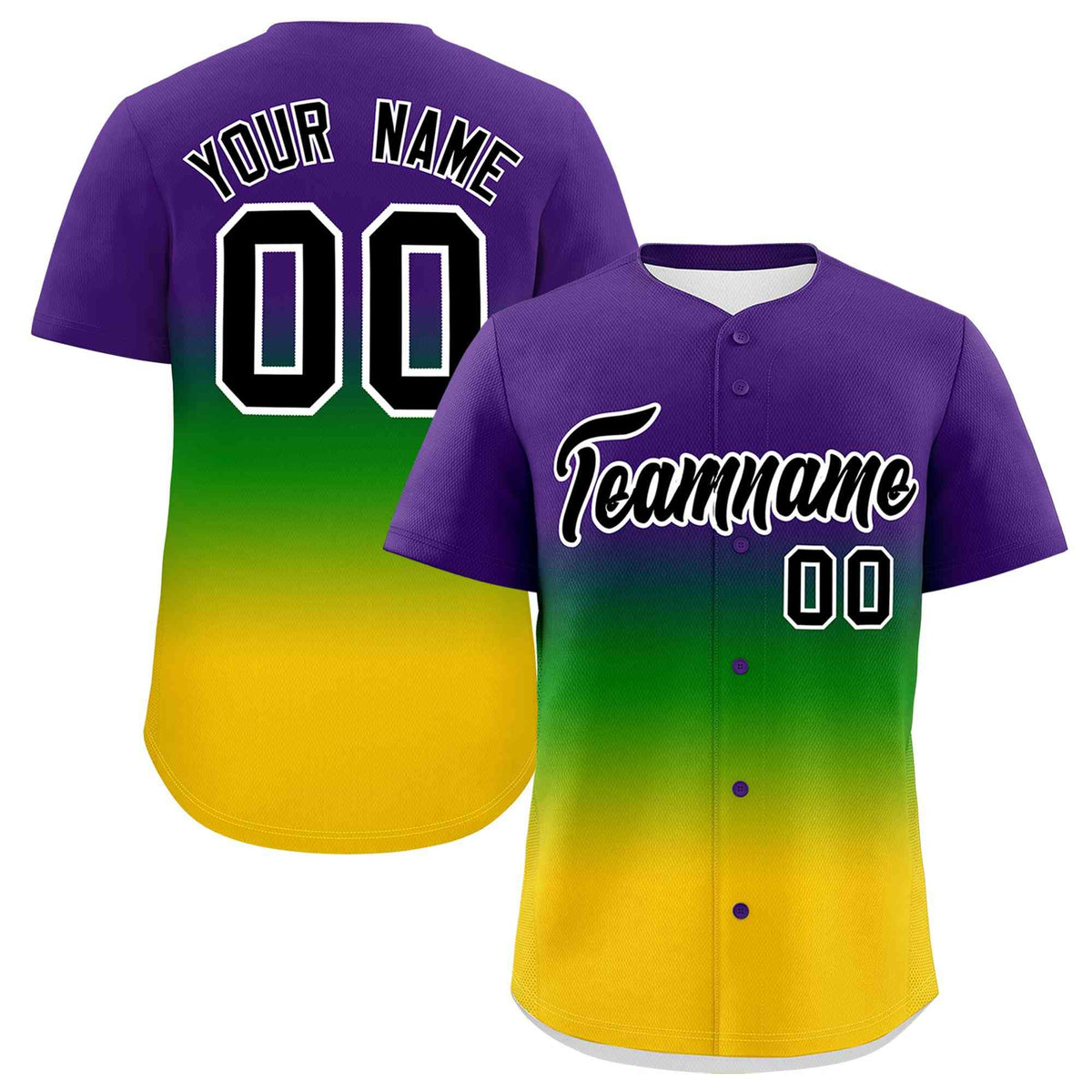 Custom Purple Kelly Green Gold Personalization Gradient Mardi Gras Authentic Baseball Jersey| KXKSHOP
