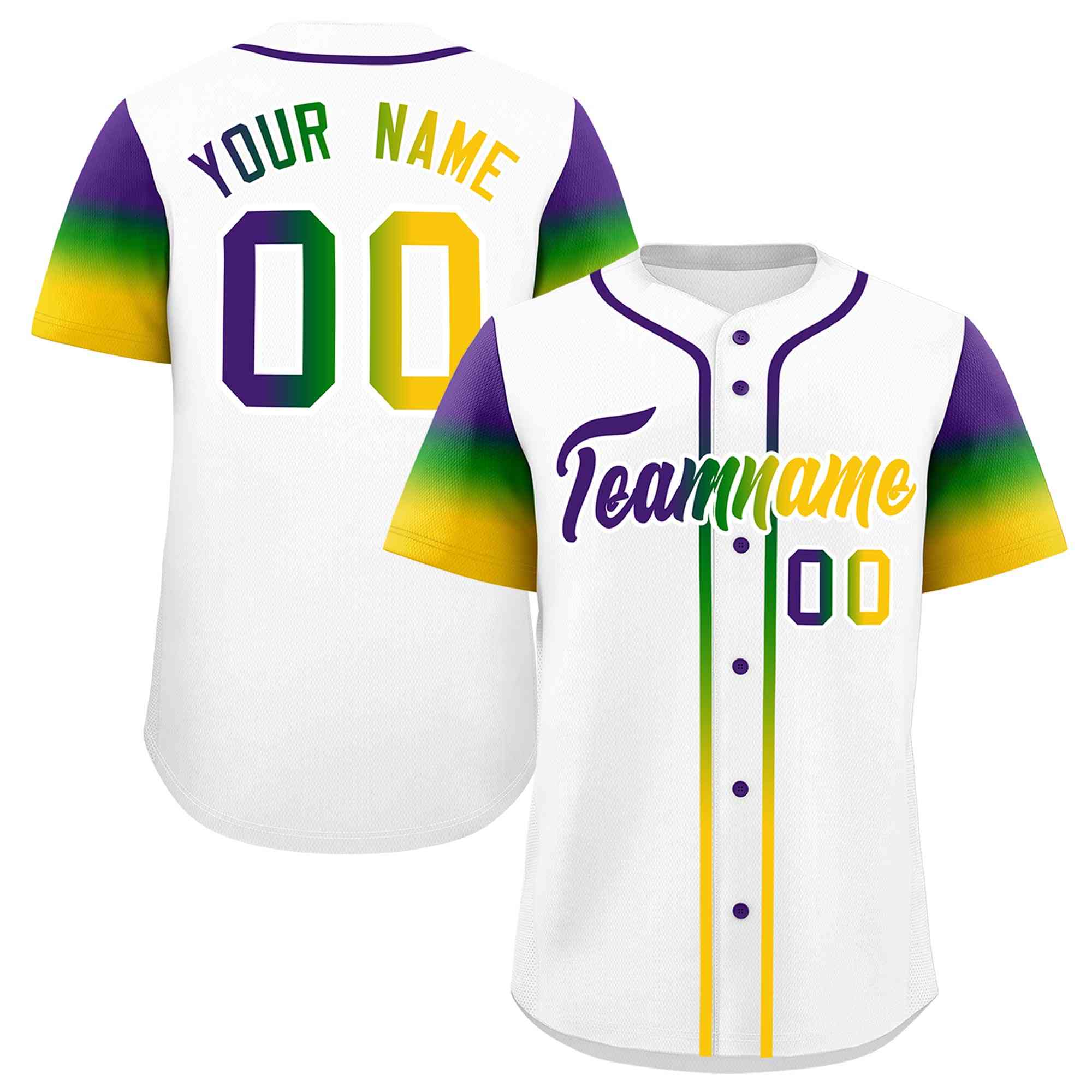 Custom White Purple Kelly Green Gold Personalization Gradient Mardi Gras Authentic Baseball Jersey| KXKSHOP
