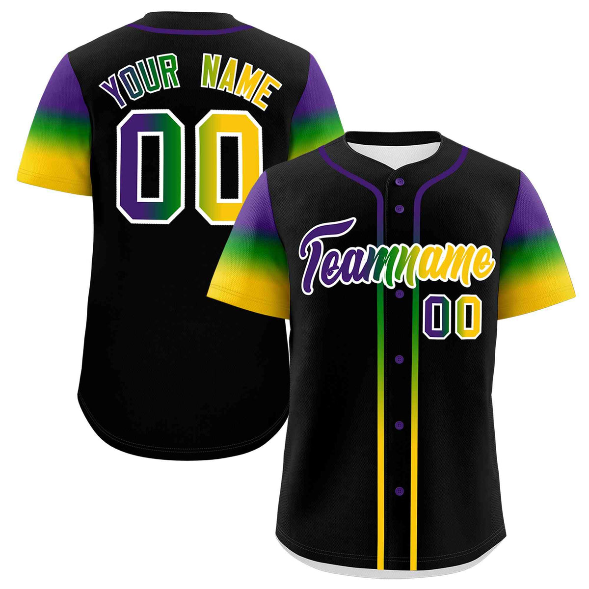 Custom Black Purple Kelly Green Gold Personalization Gradient Mardi Gras Authentic Baseball Jersey| KXKSHOP