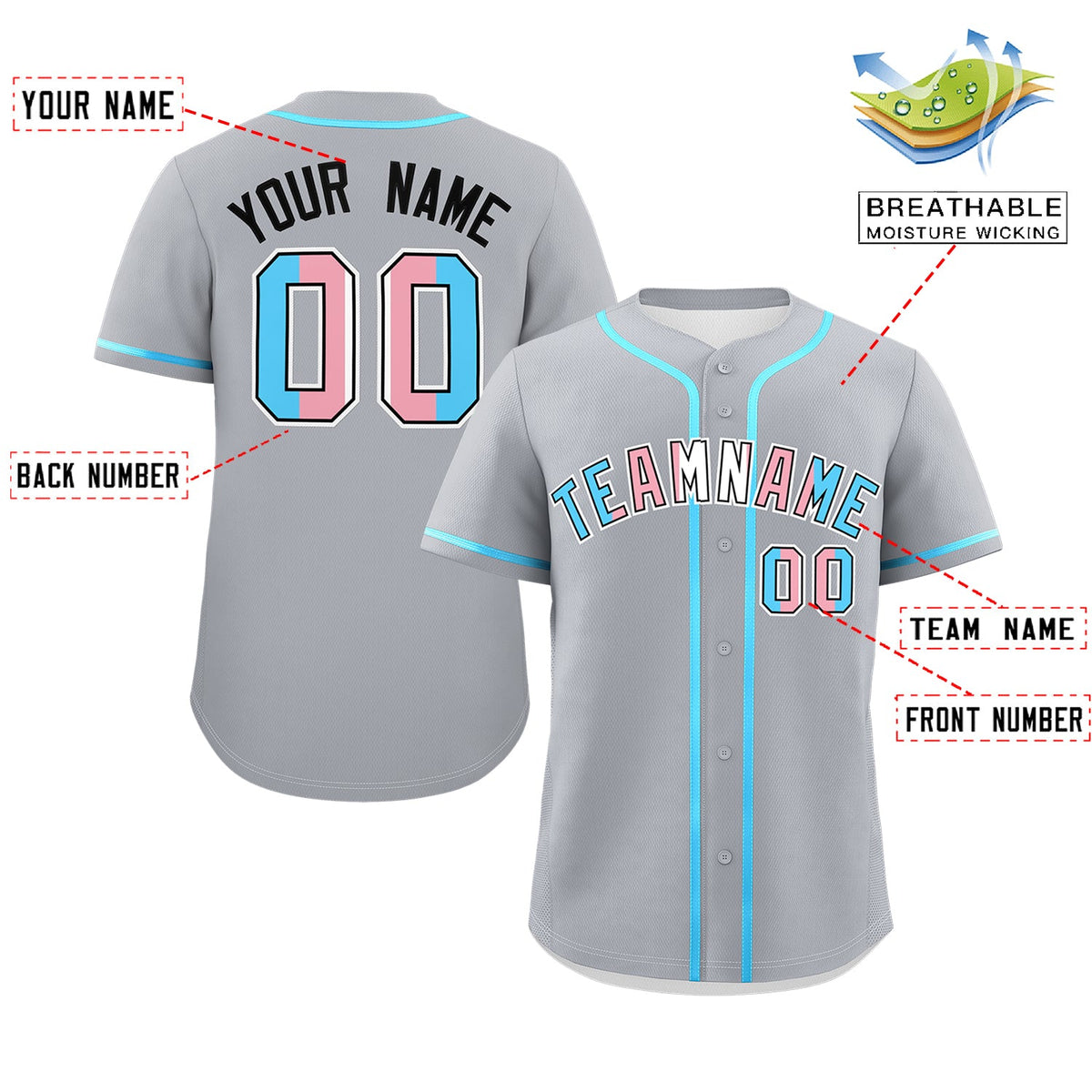 Custom Gray Powder Blue Transgender For Pride Month Classic Style Baseball Jersey| KXKSHOP