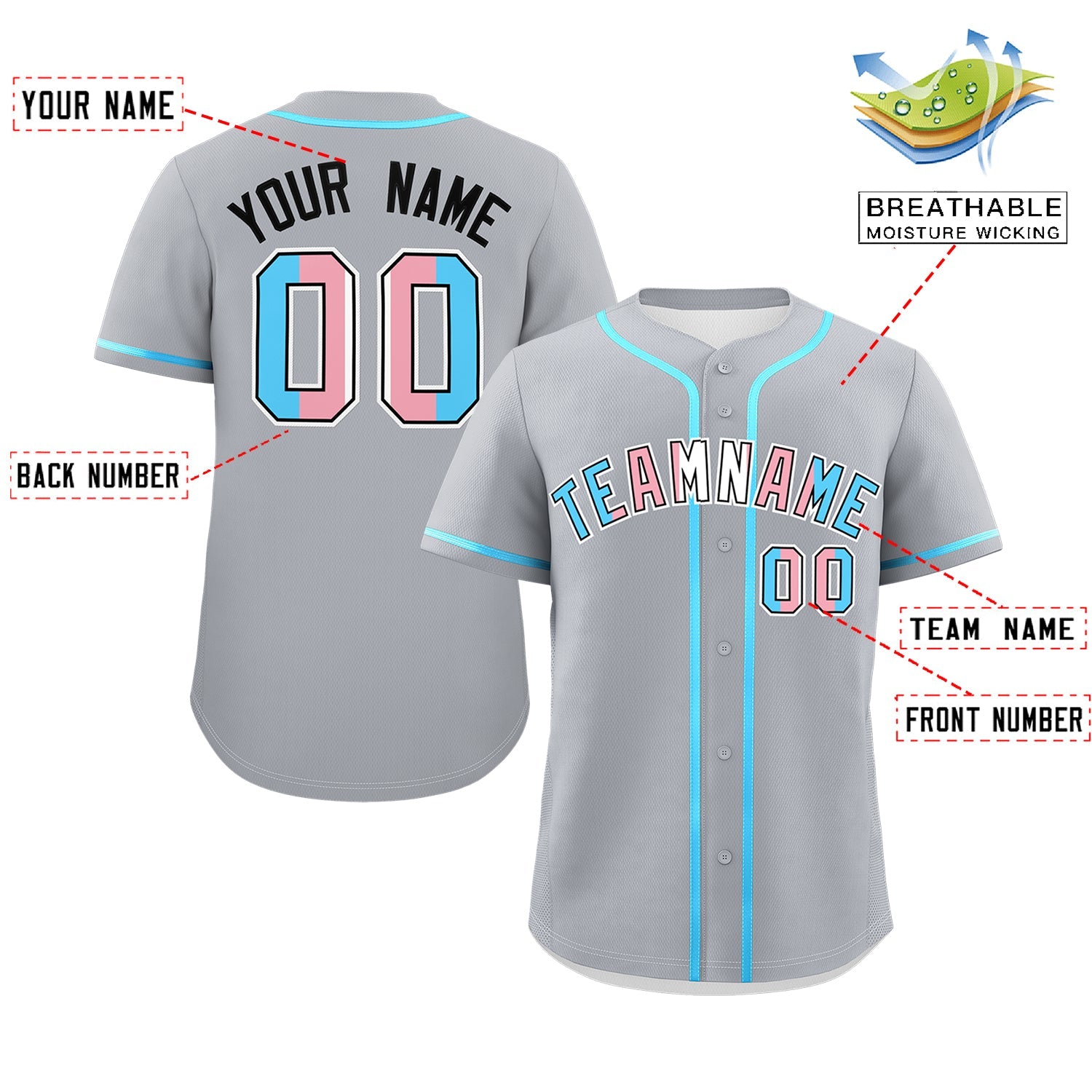 Custom Gray Powder Blue Transgender For Pride Month Classic Style Baseball Jersey| KXKSHOP
