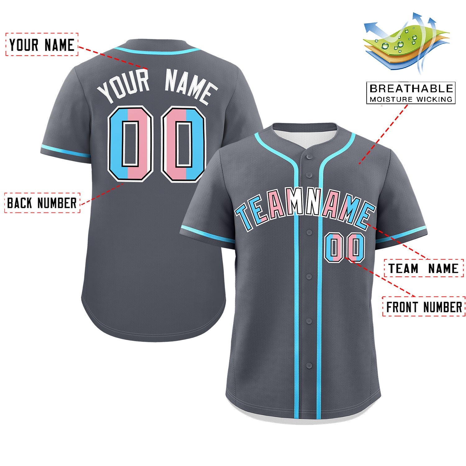 Custom Dark Gray Powder Blue Transgender For Pride Month Classic Style Baseball Jersey| KXKSHOP