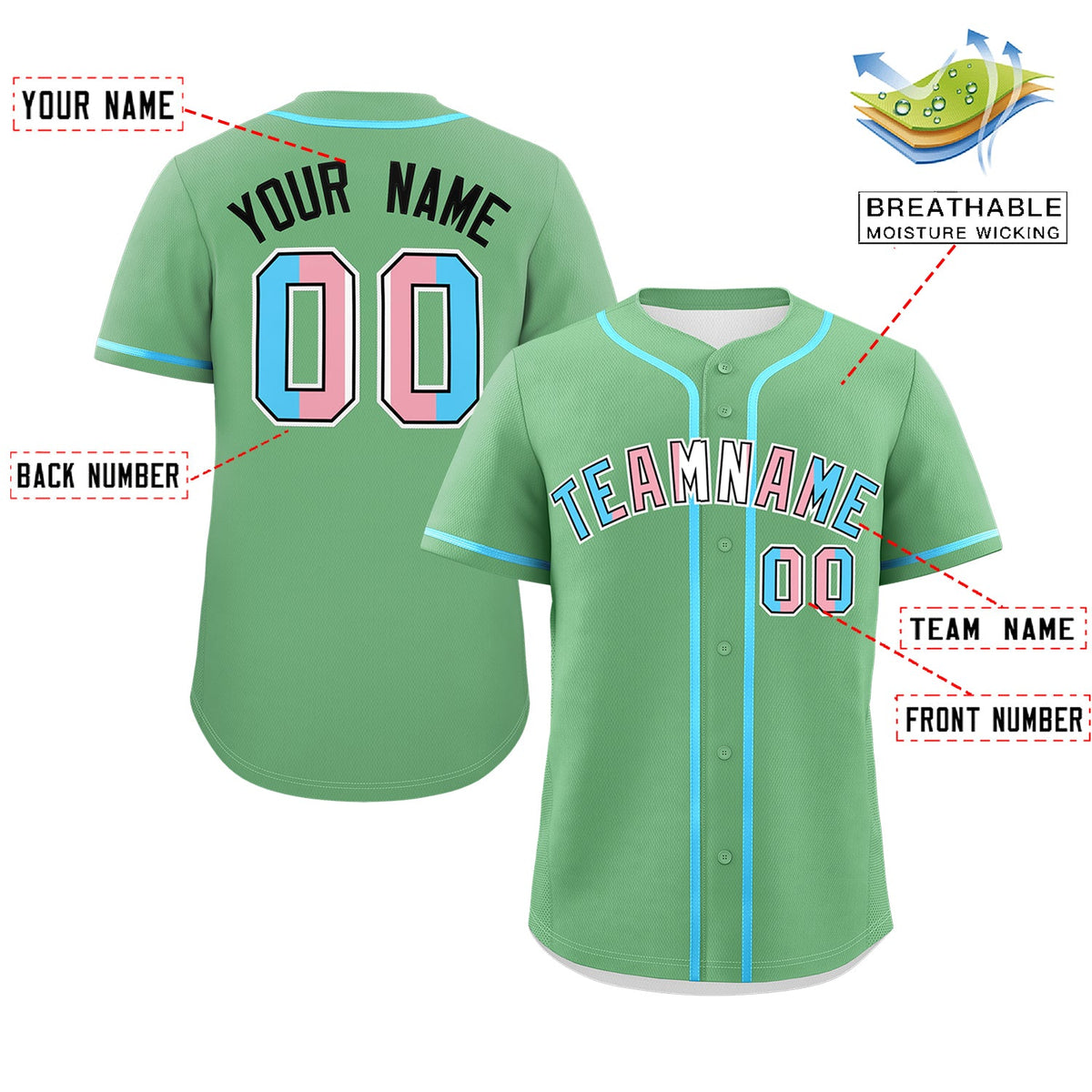 Custom Green Powder Blue White Transgender For Pride Month Classic Style Baseball Jersey| KXKSHOP
