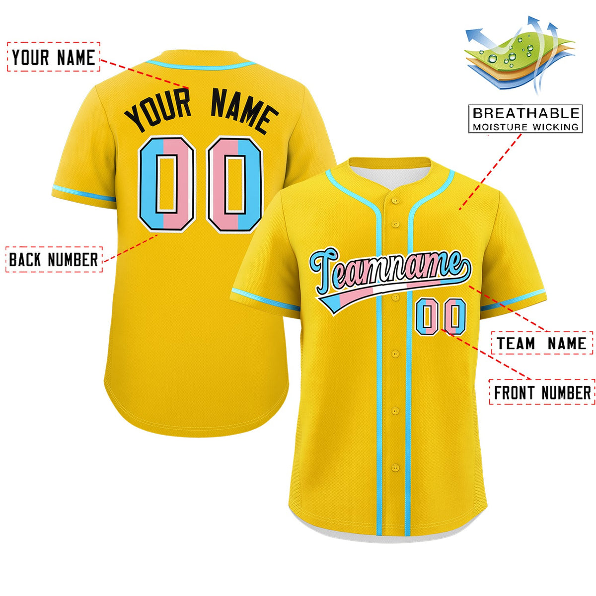 Custom Gold Powder Blue Transgender For Pride Month Classic Style Baseball Jersey| KXKSHOP