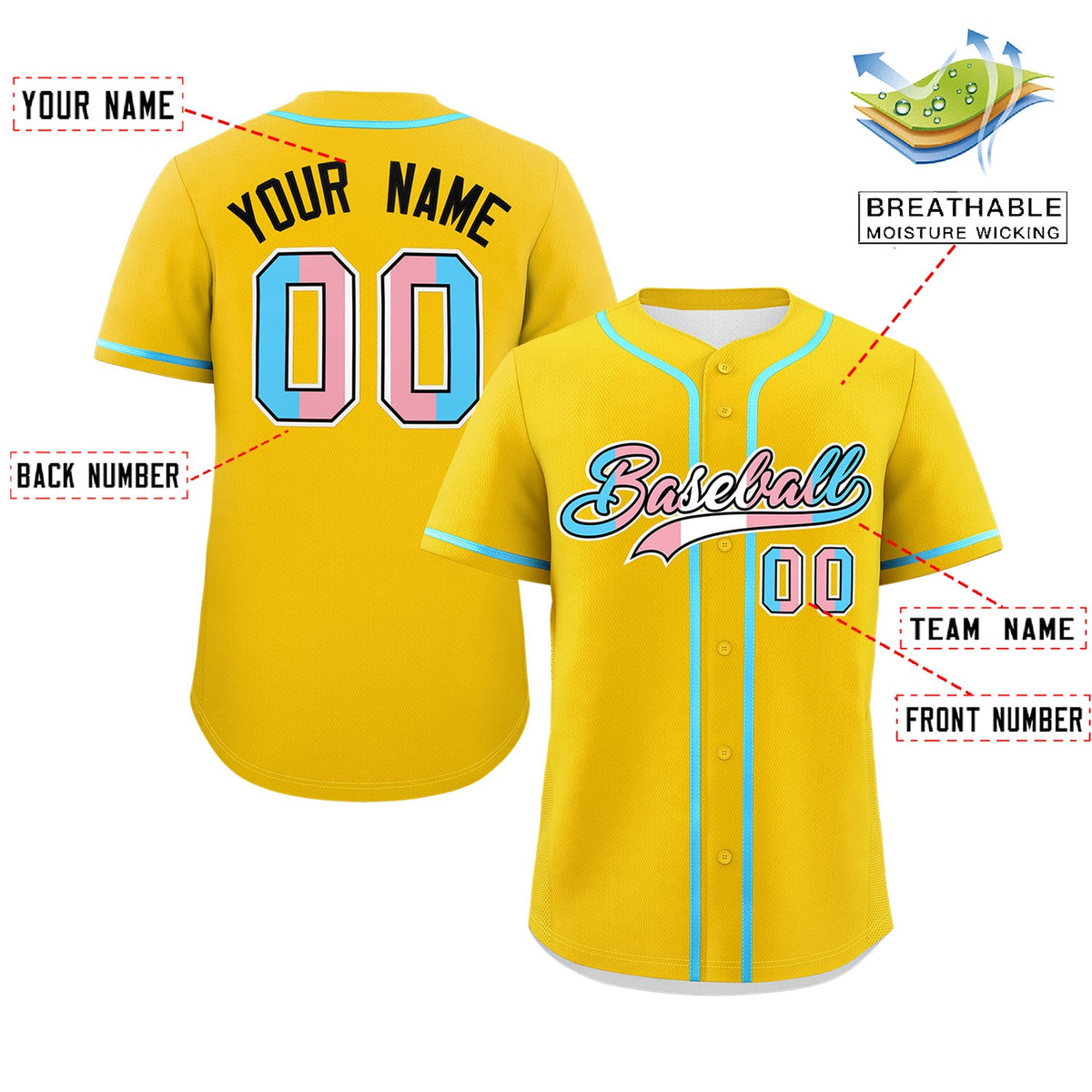 Custom Gold Powder Blue Transgender For Pride Month Classic Style Baseball Jersey| KXKSHOP