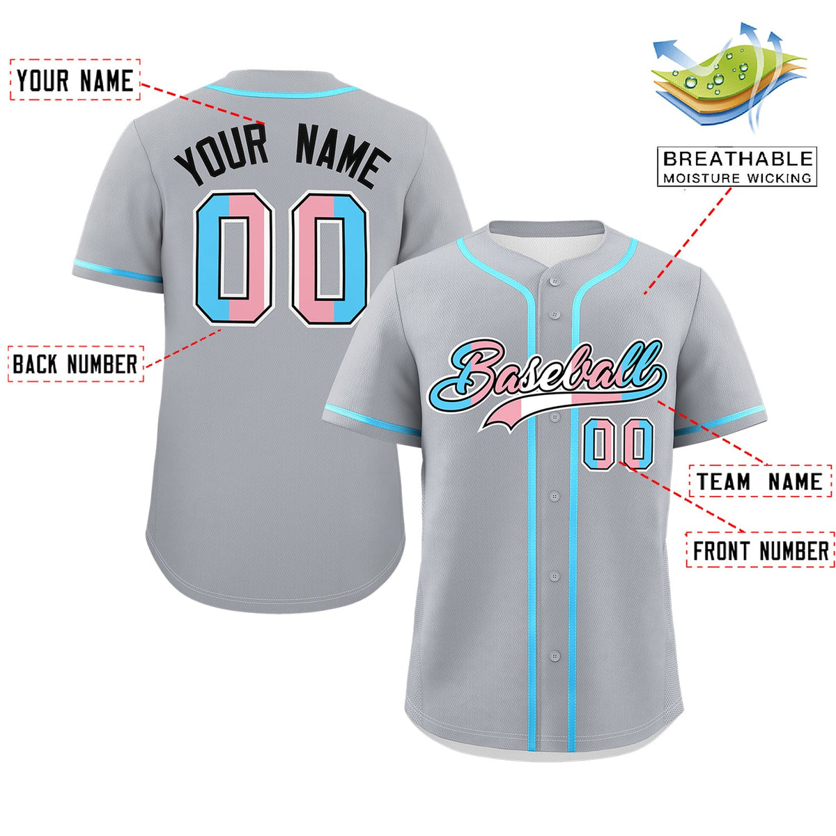 Custom Gray Powder Blue Transgender For Pride Month Classic Style Baseball Jersey| KXKSHOP