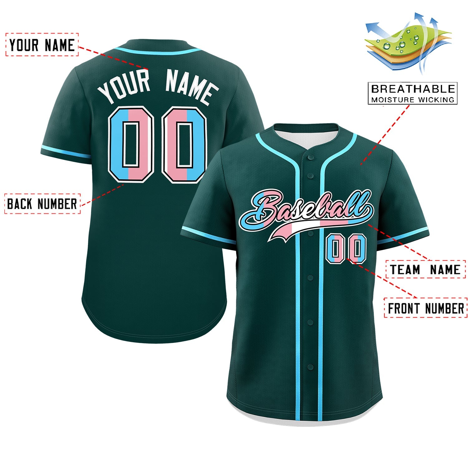 Custom Midnight Green Powder Blue Transgender For Pride Month Classic Style Baseball Jersey| KXKSHOP