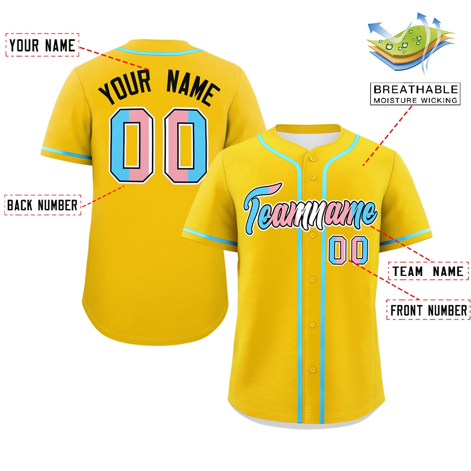 Custom Gold Powder Blue Transgender For Pride Month Classic Style Baseball Jersey| KXKSHOP