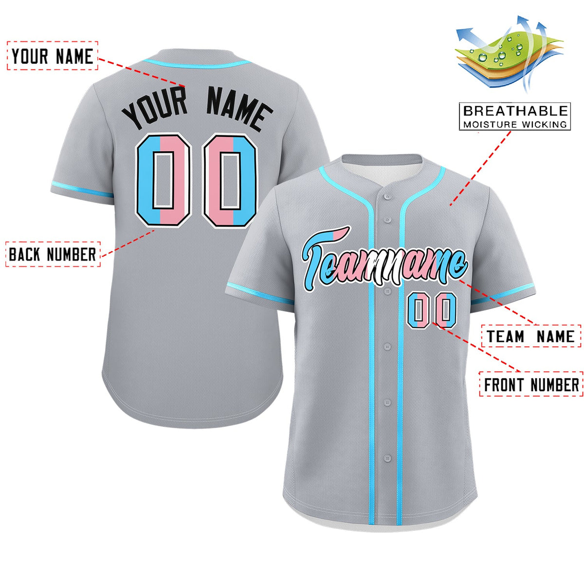Custom Gray Powder Blue Transgender For Pride Month Classic Style Baseball Jersey| KXKSHOP