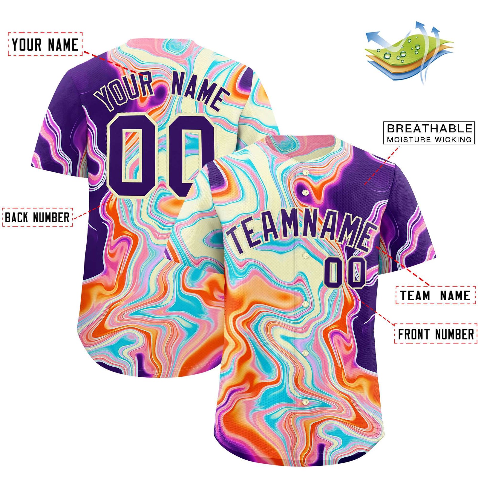 Custom Multi Color Split Fashion Fluid Pattern Authentic Baseball Jersey