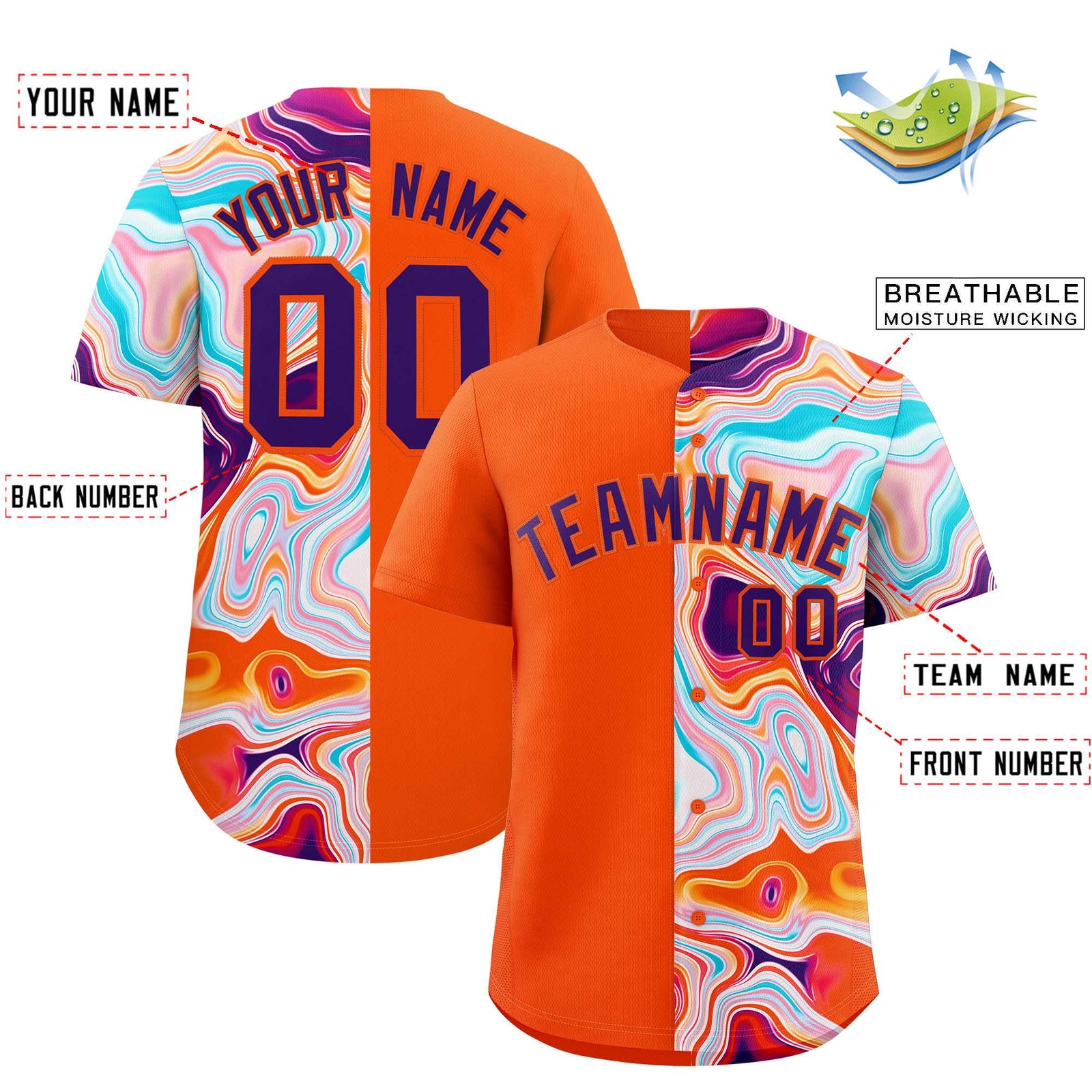 Custom Orange Split Fashion Fluid Pattern Authentic Baseball Jersey