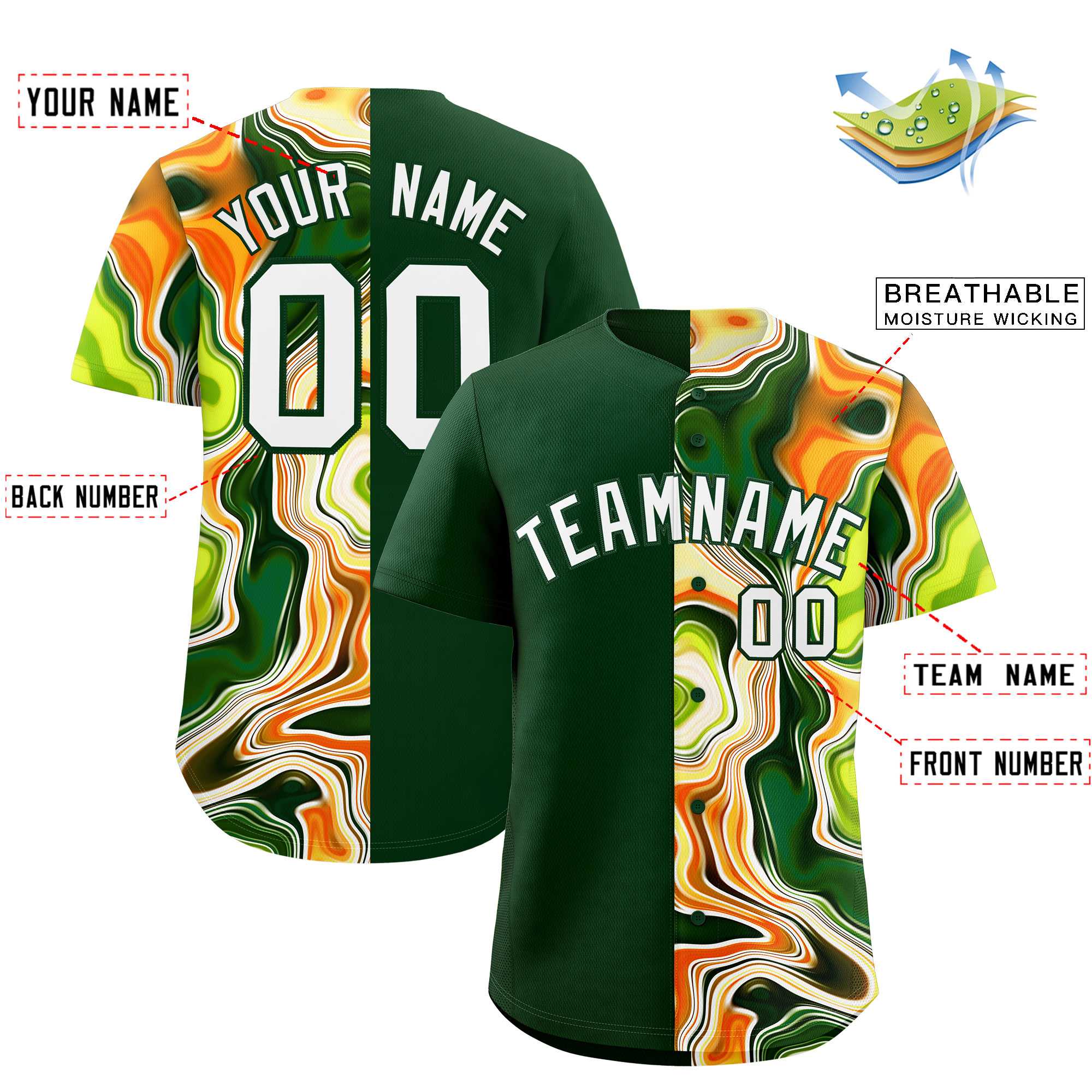 Custom Green Split Fashion Fluid Pattern Authentic Baseball Jersey