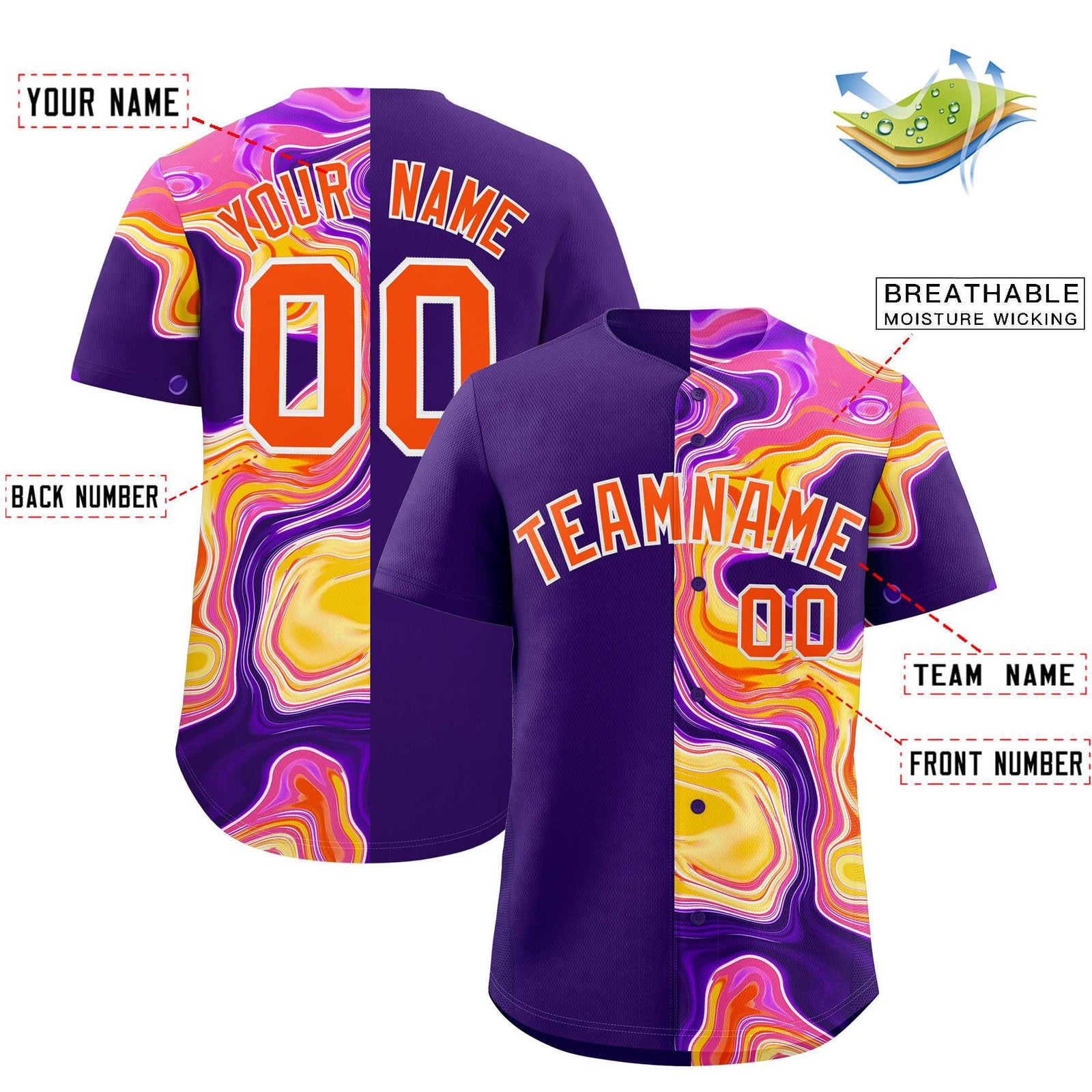Custom Purple Split Fashion Fluid Pattern Authentic Baseball Jersey