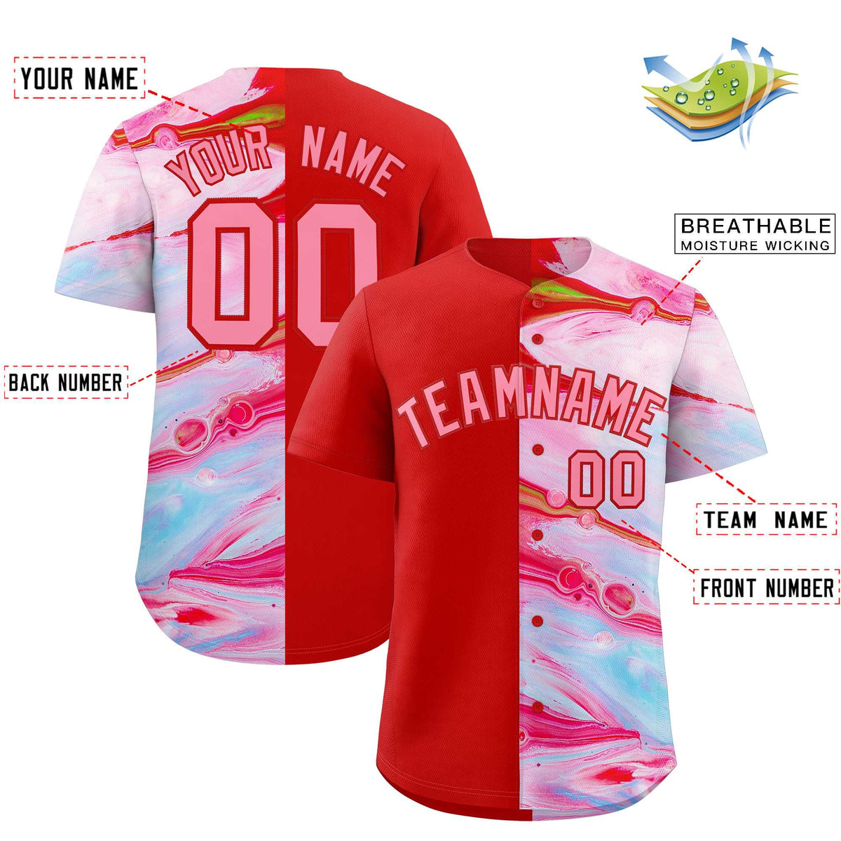 Custom Red Split Fashion Fluid Pattern Authentic Baseball Jersey