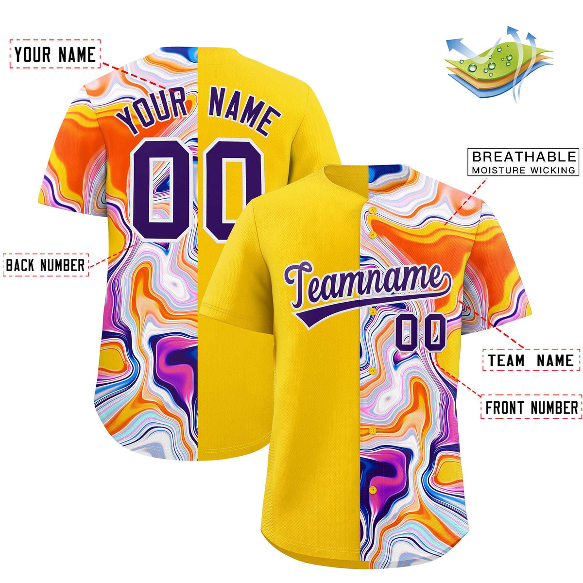 Custom Gold Split Fashion Fluid Pattern Authentic Baseball Jersey