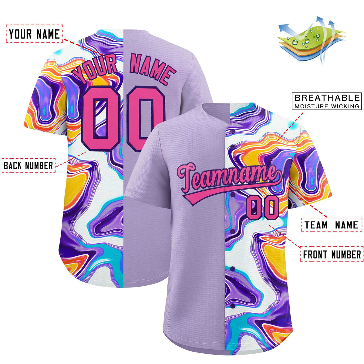 Custom Light Purple Split Fashion Fluid Pattern Authentic Baseball Jersey