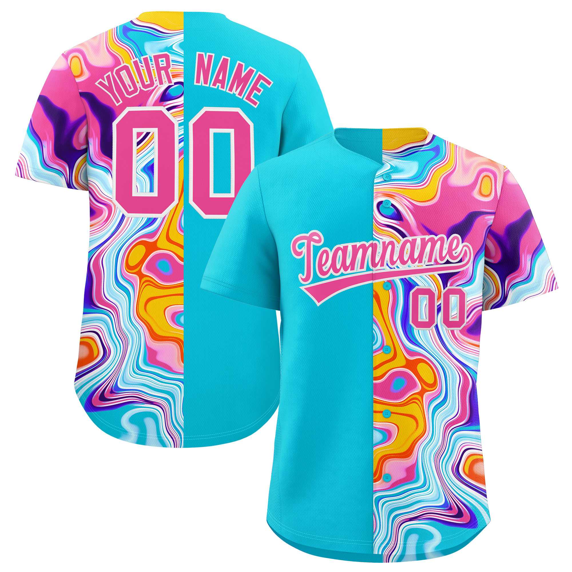 Custom Sky Blue Split Fashion Fluid Pattern Authentic Baseball Jersey