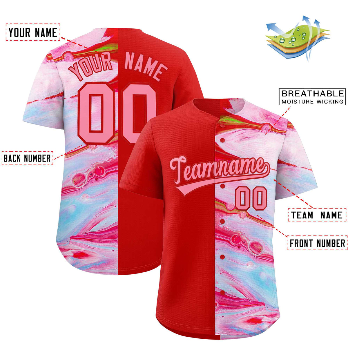Custom Red Split Fashion Fluid Pattern Authentic Baseball Jersey