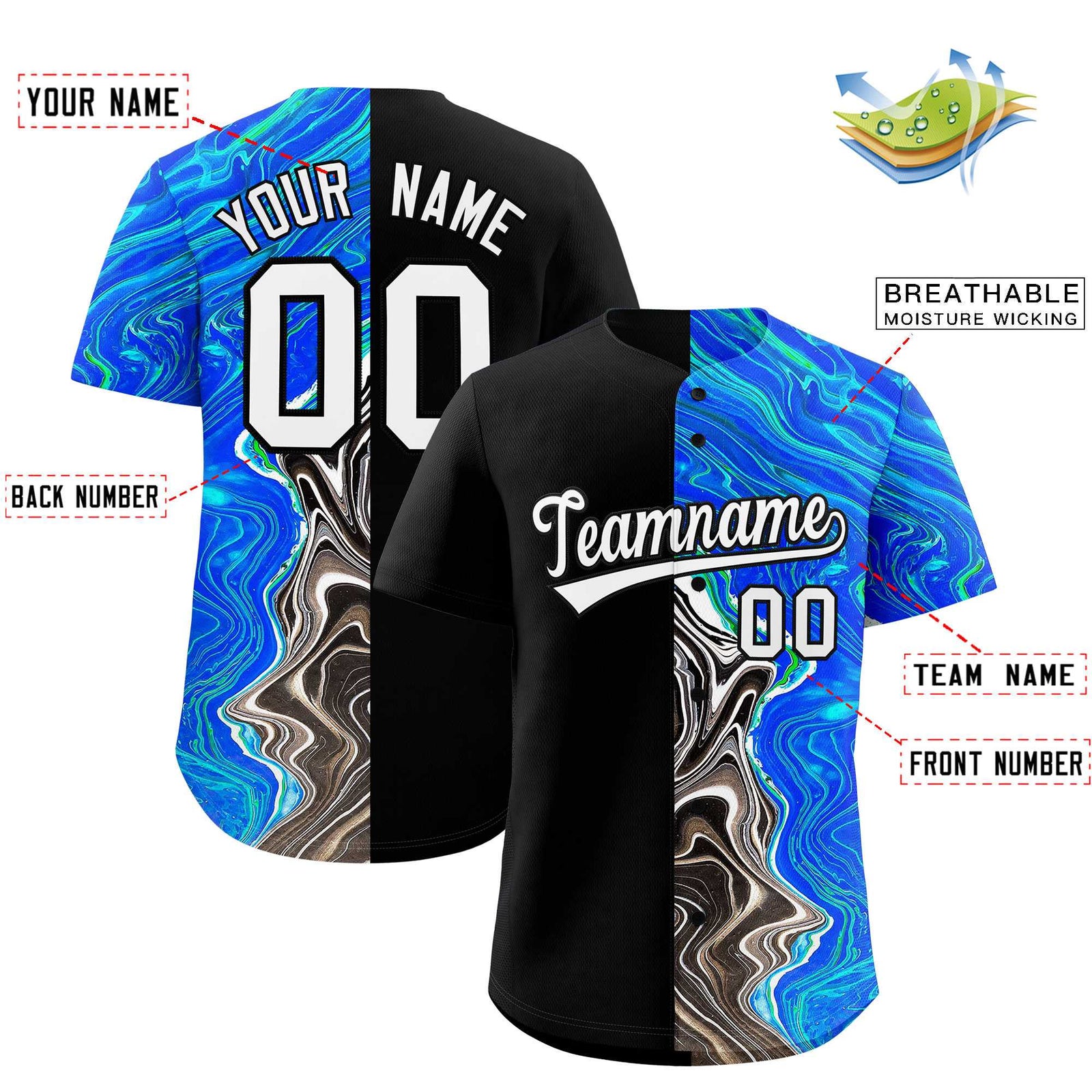 Custom Black Split Fashion Fluid Pattern Authentic Baseball Jersey