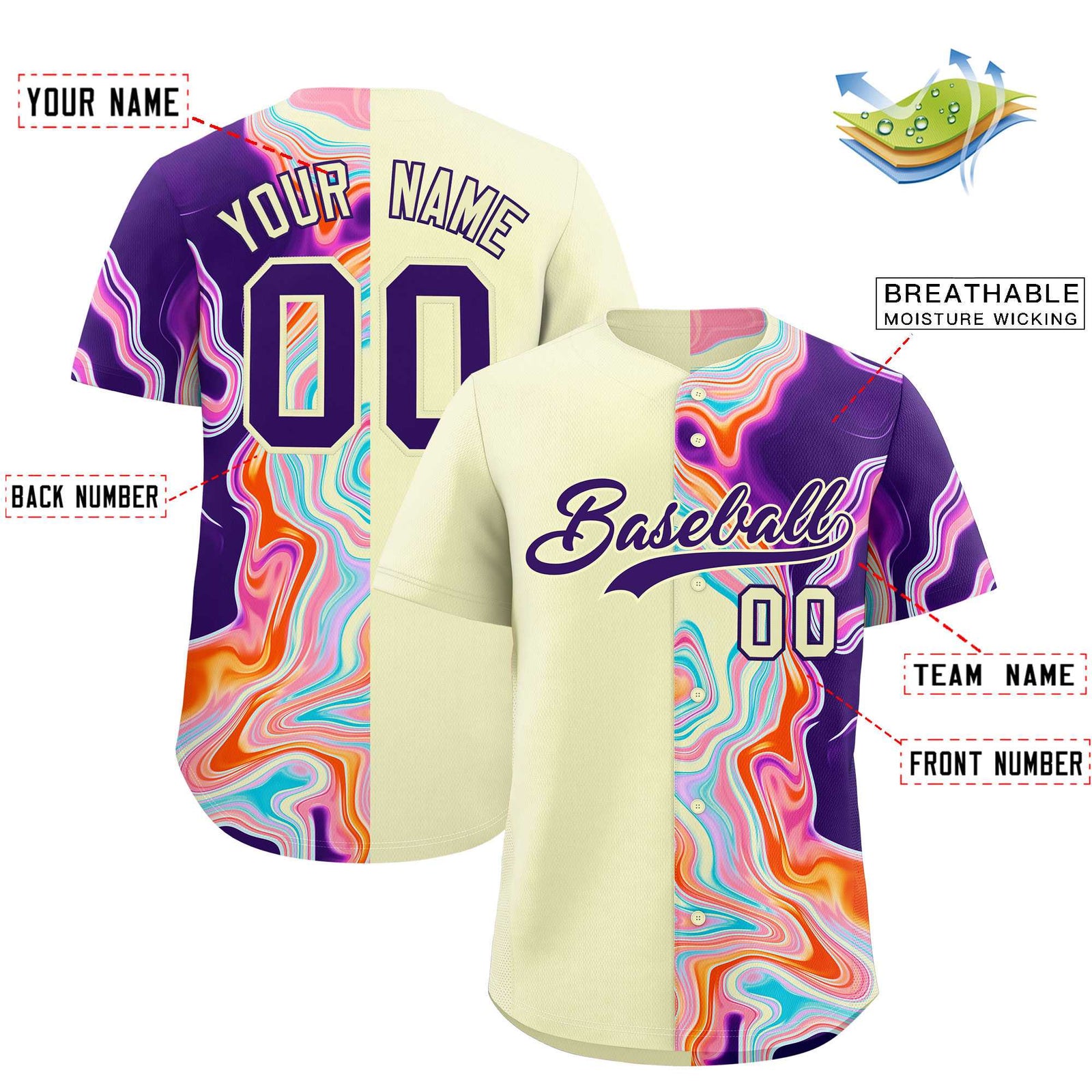 Custom Cream Split Fashion Fluid Pattern Authentic Baseball Jersey