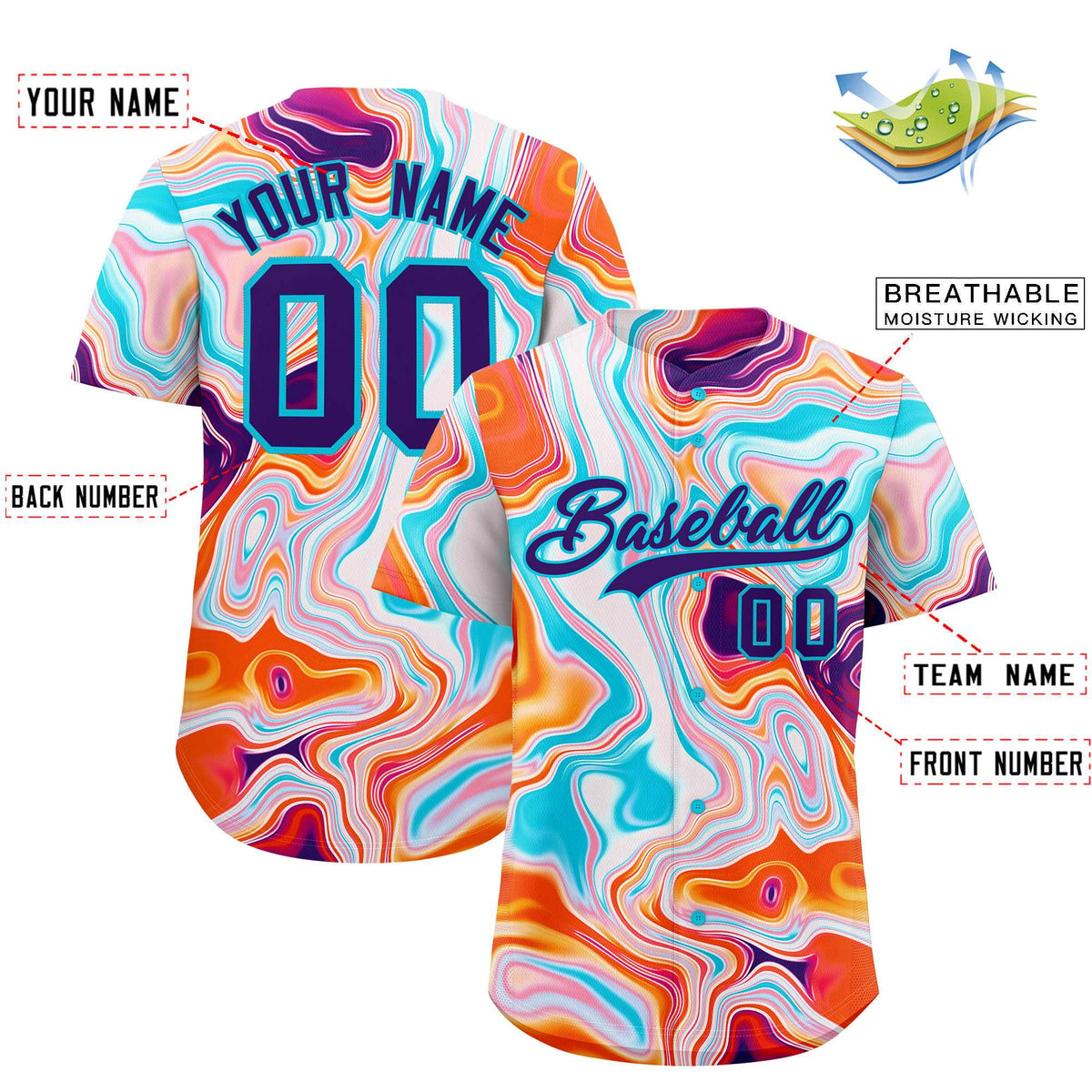 Custom Multi Color Split Fashion Fluid Pattern Authentic Baseball Jersey