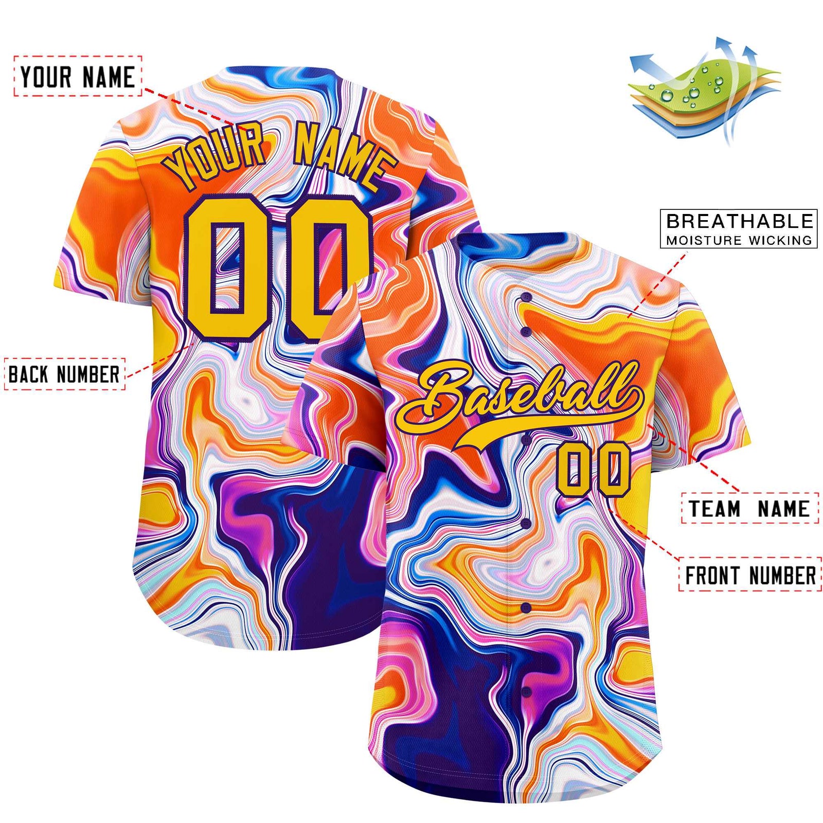 Custom Multi Color Split Fashion Fluid Pattern Authentic Baseball Jersey