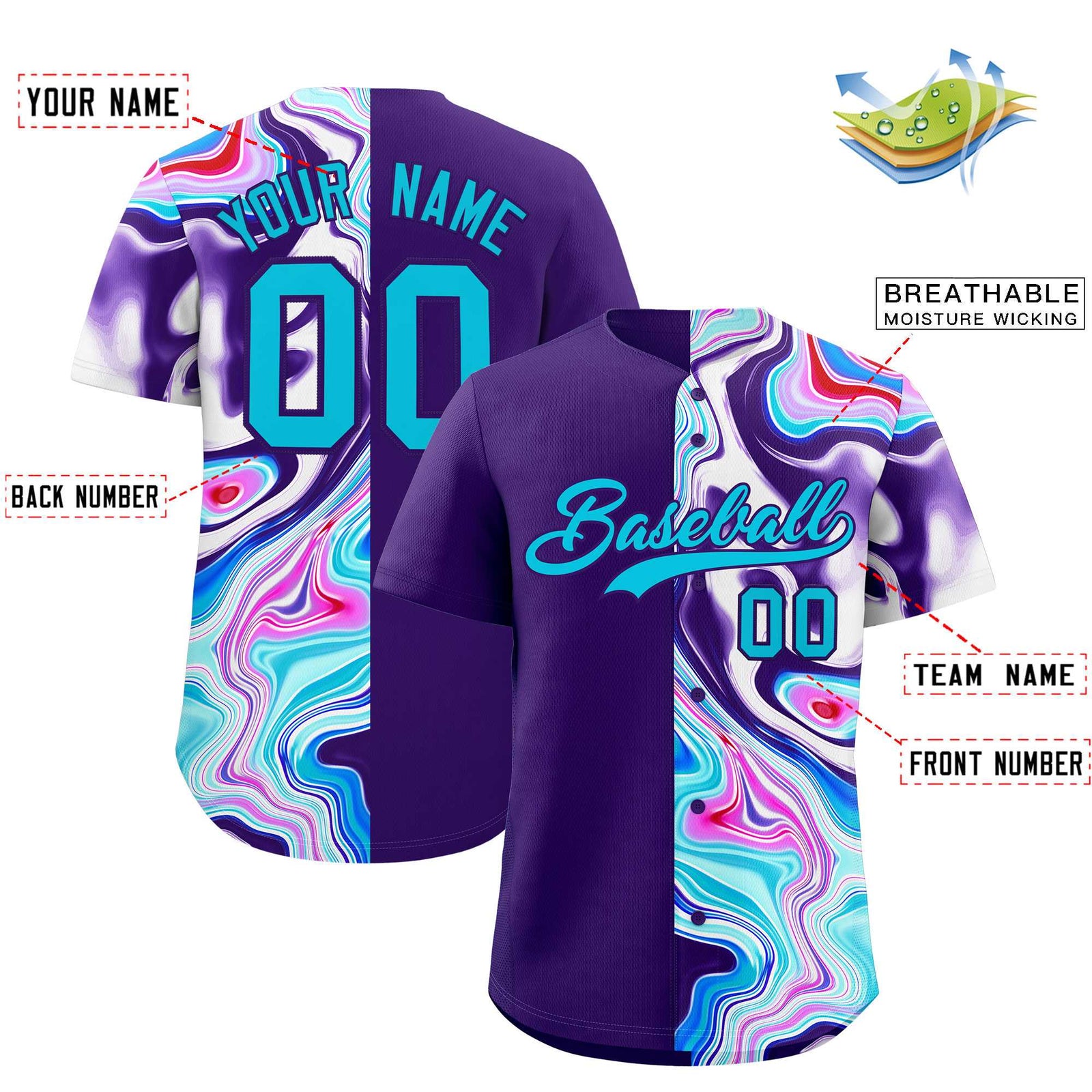 Custom Purple Split Fashion Fluid Pattern Authentic Baseball Jersey