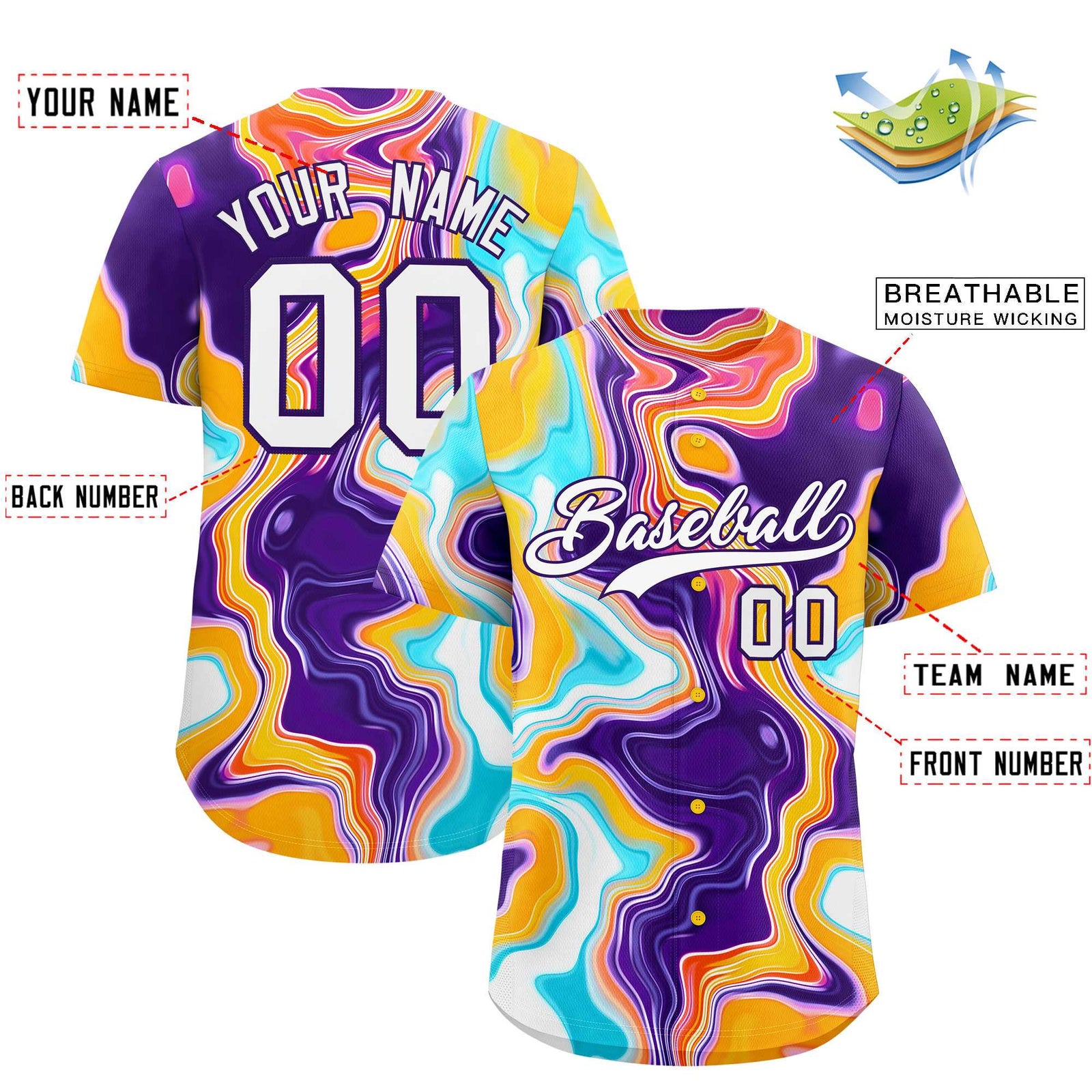 Custom Multi Color Split Fashion Fluid Pattern Authentic Baseball Jersey