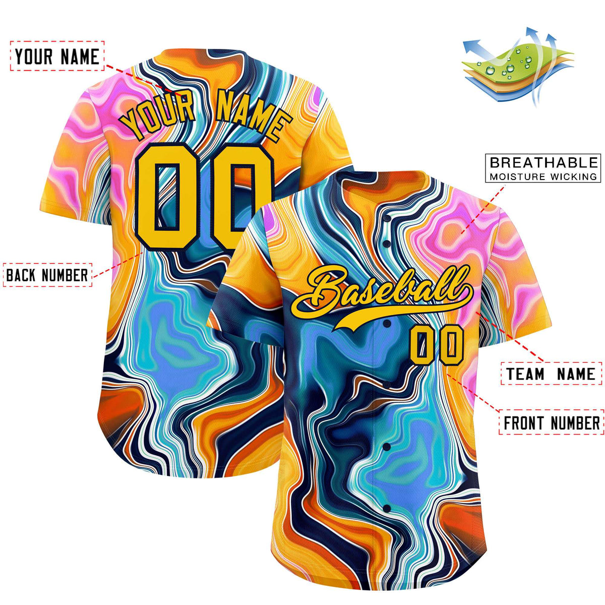 Custom Multi Color Split Fashion Fluid Pattern Authentic Baseball Jersey