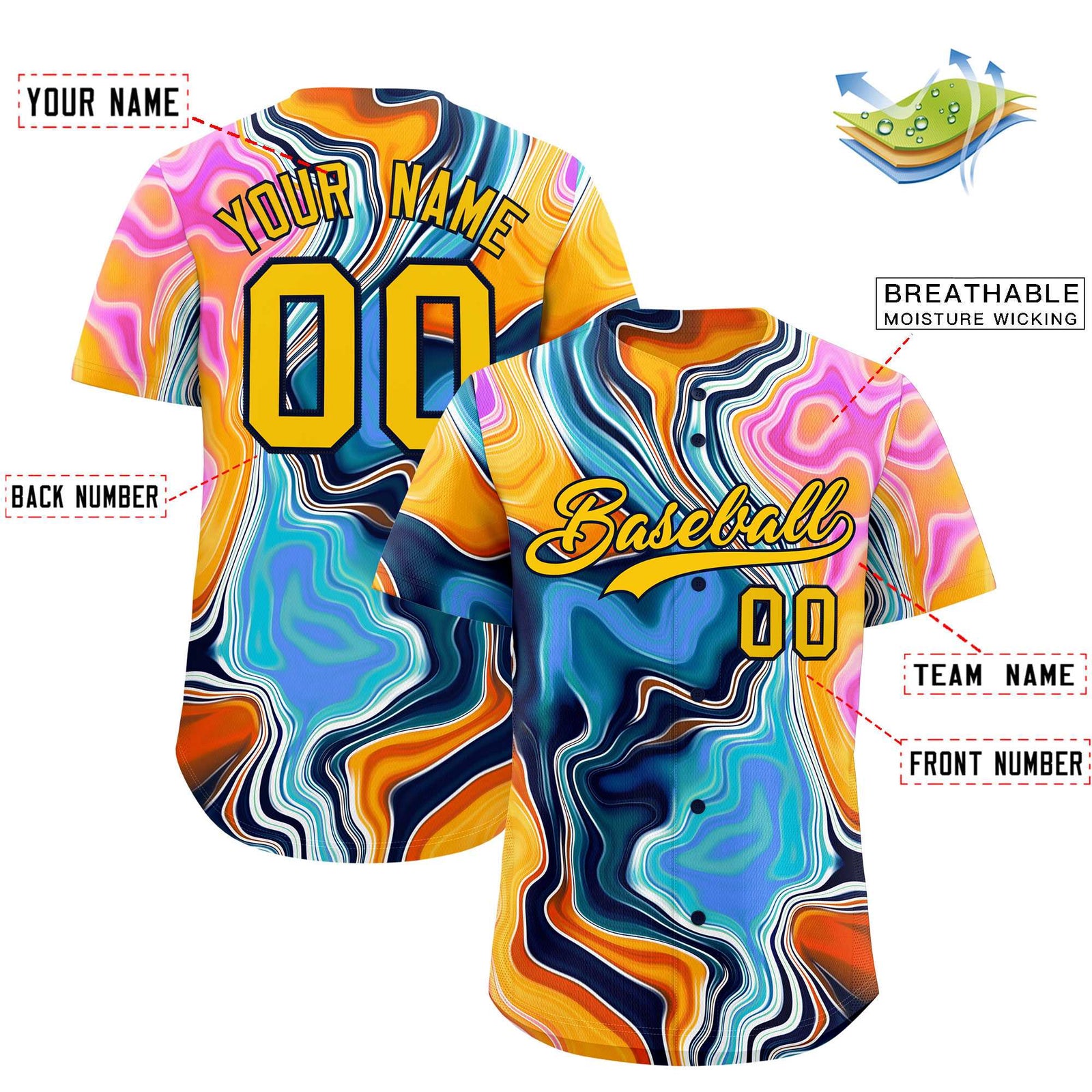 Custom Multi Color Split Fashion Fluid Pattern Authentic Baseball Jersey