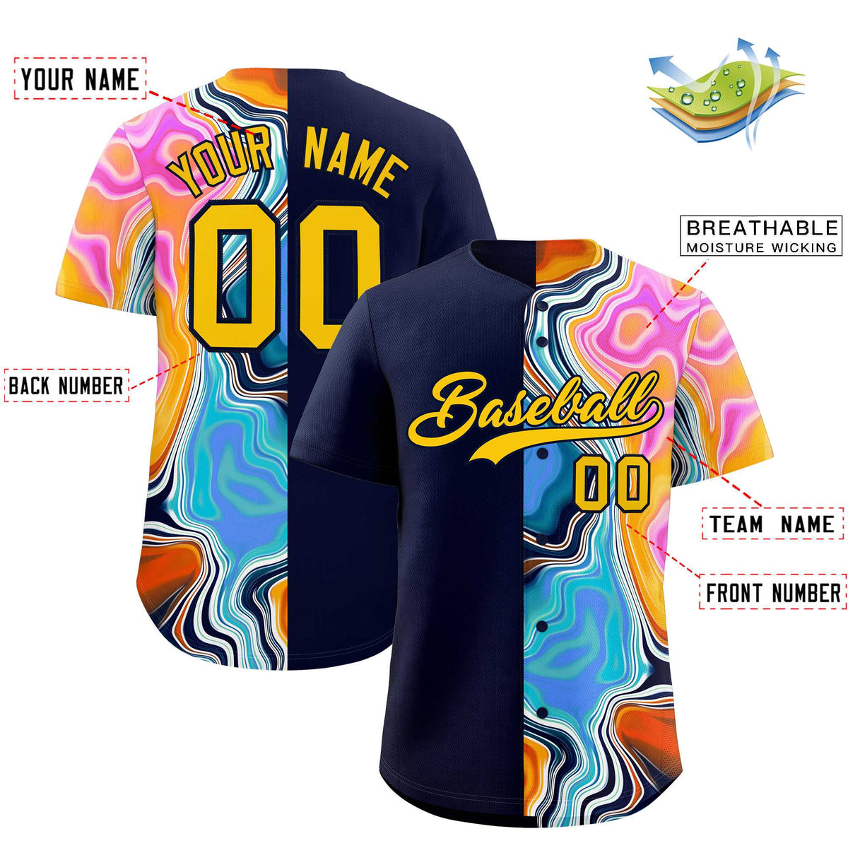 Custom Navy Split Fashion Fluid Pattern Authentic Baseball Jersey