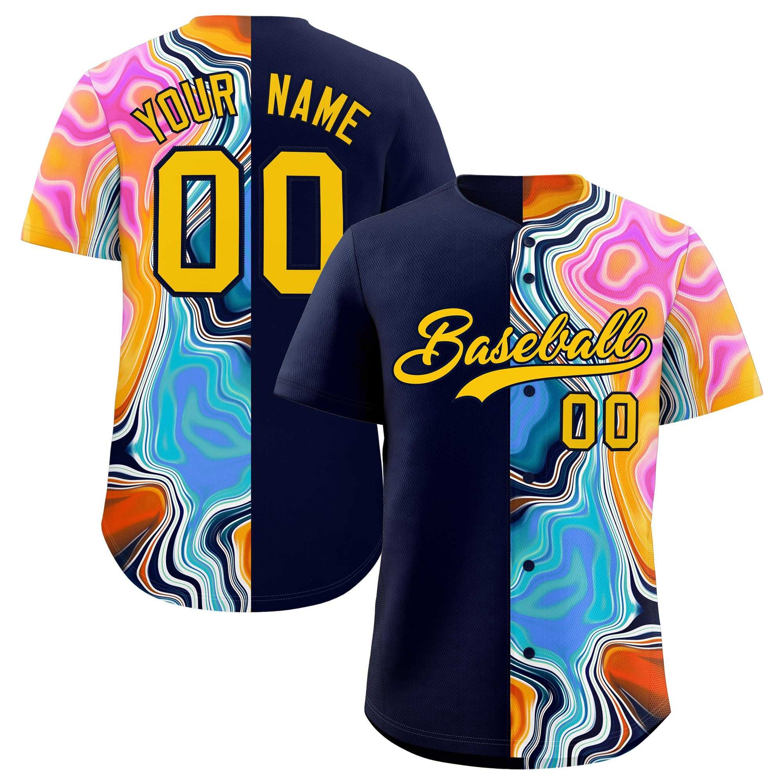 Custom Navy Split Fashion Fluid Pattern Authentic Baseball Jersey