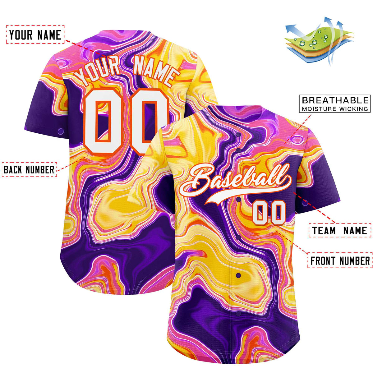 Custom Multi Color Split Fashion Fluid Pattern Authentic Baseball Jersey