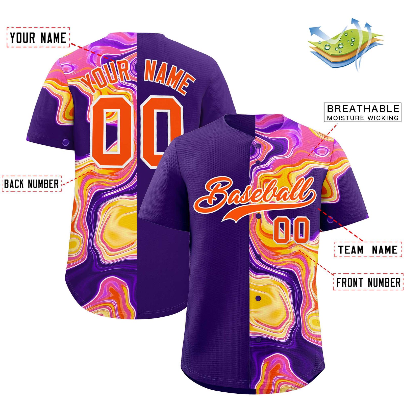 Custom Purple Split Fashion Fluid Pattern Authentic Baseball Jersey