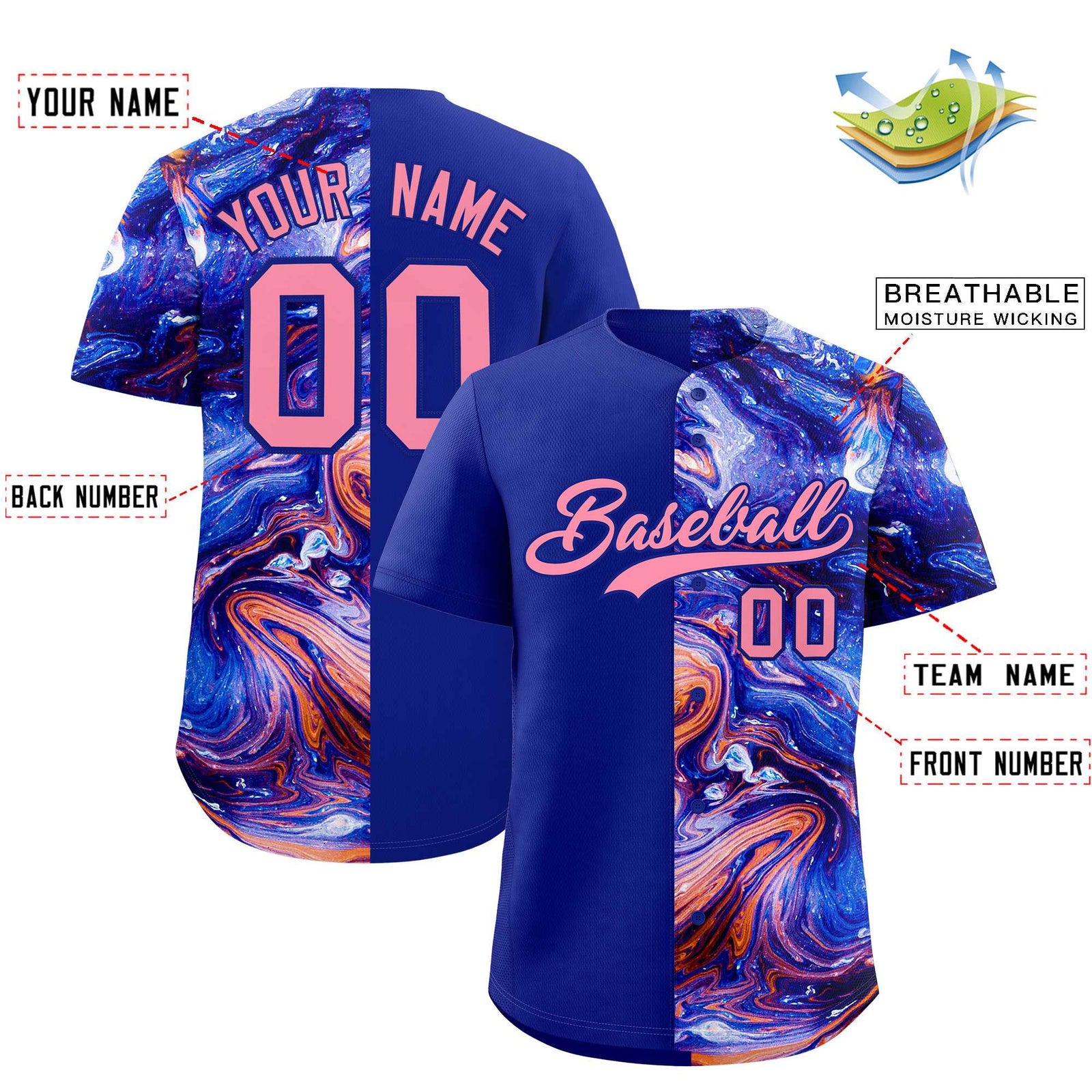 Custom Royal Split Fashion Fluid Pattern Authentic Baseball Jersey