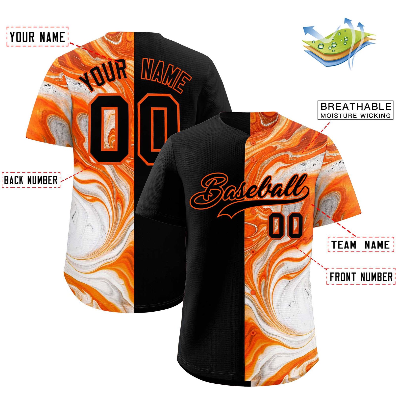 Custom Black Split Fashion Fluid Pattern Authentic Baseball Jersey