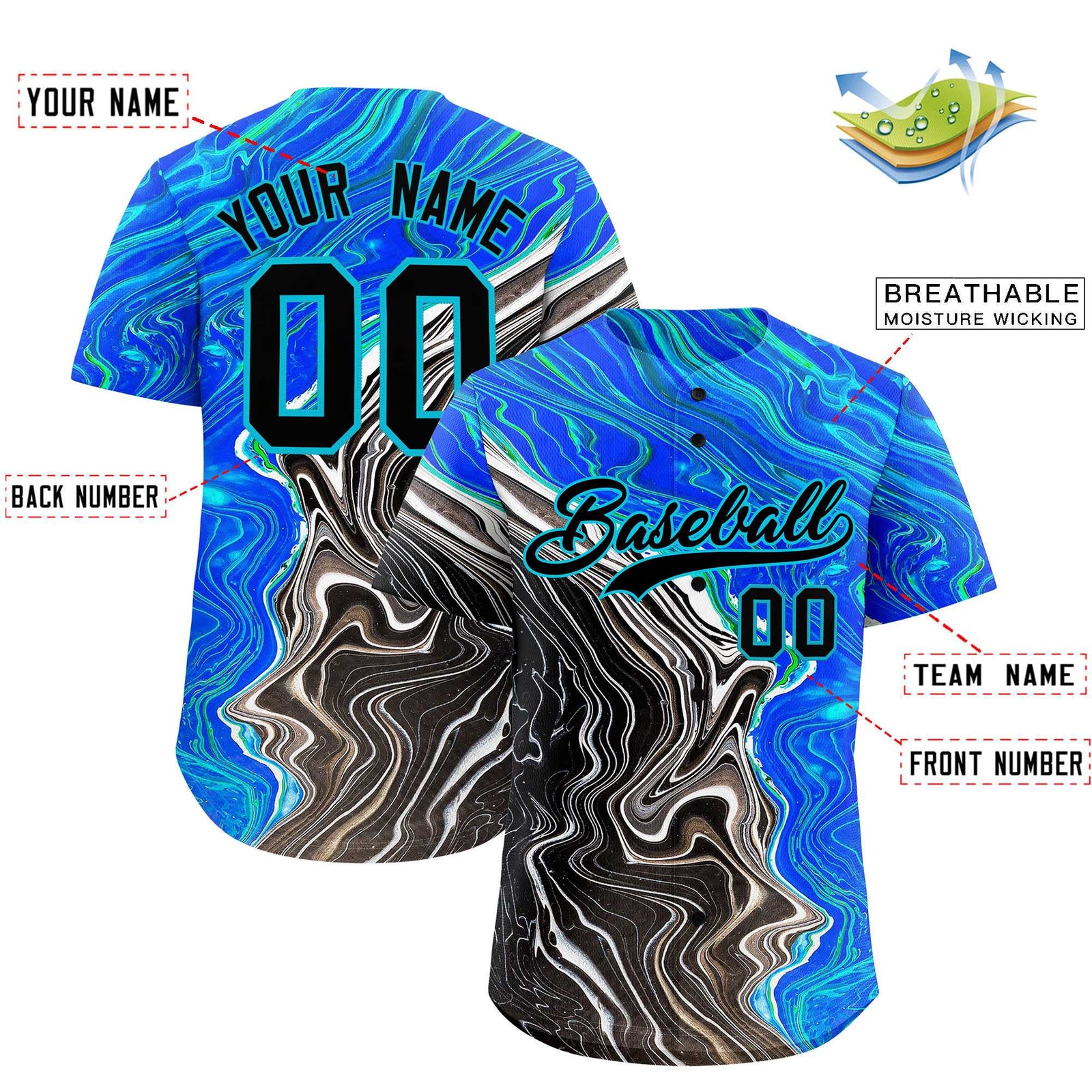 Custom Multi Color Split Fashion Fluid Pattern Authentic Baseball Jersey