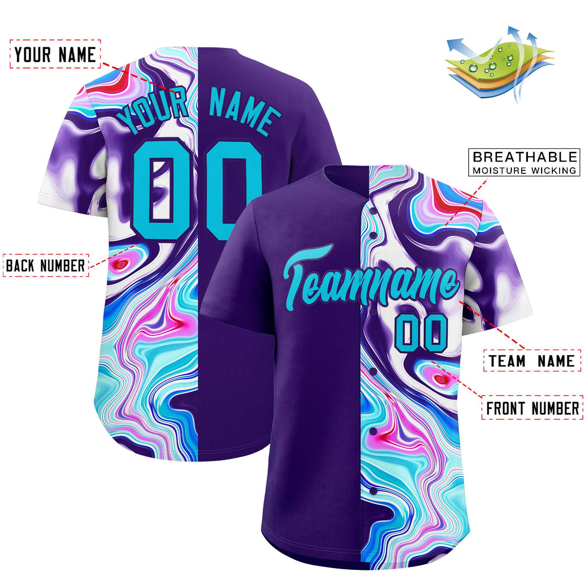 Custom Purple Split Fashion Fluid Pattern Authentic Baseball Jersey