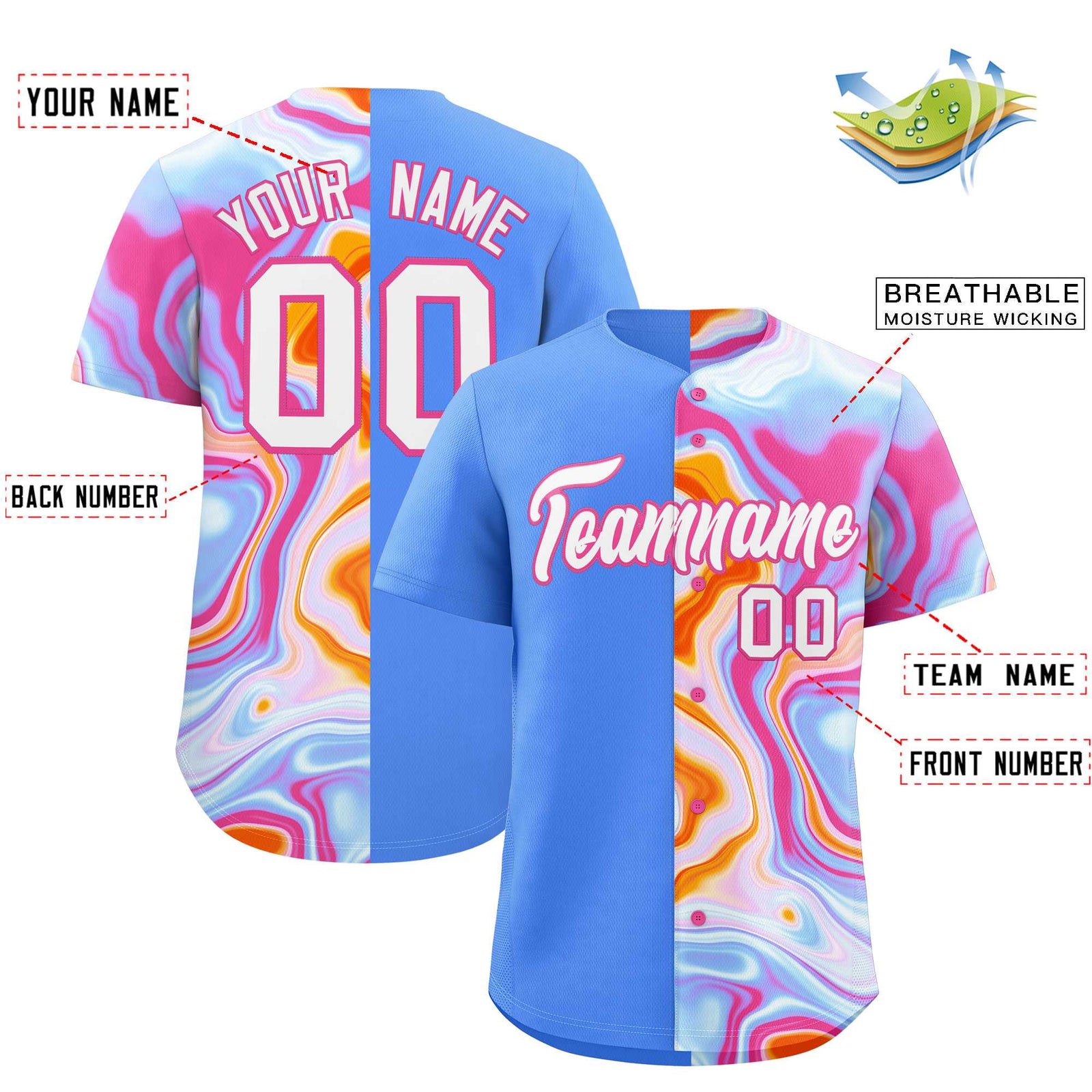 Custom Powder Blue Split Fashion Fluid Pattern Authentic Baseball Jersey